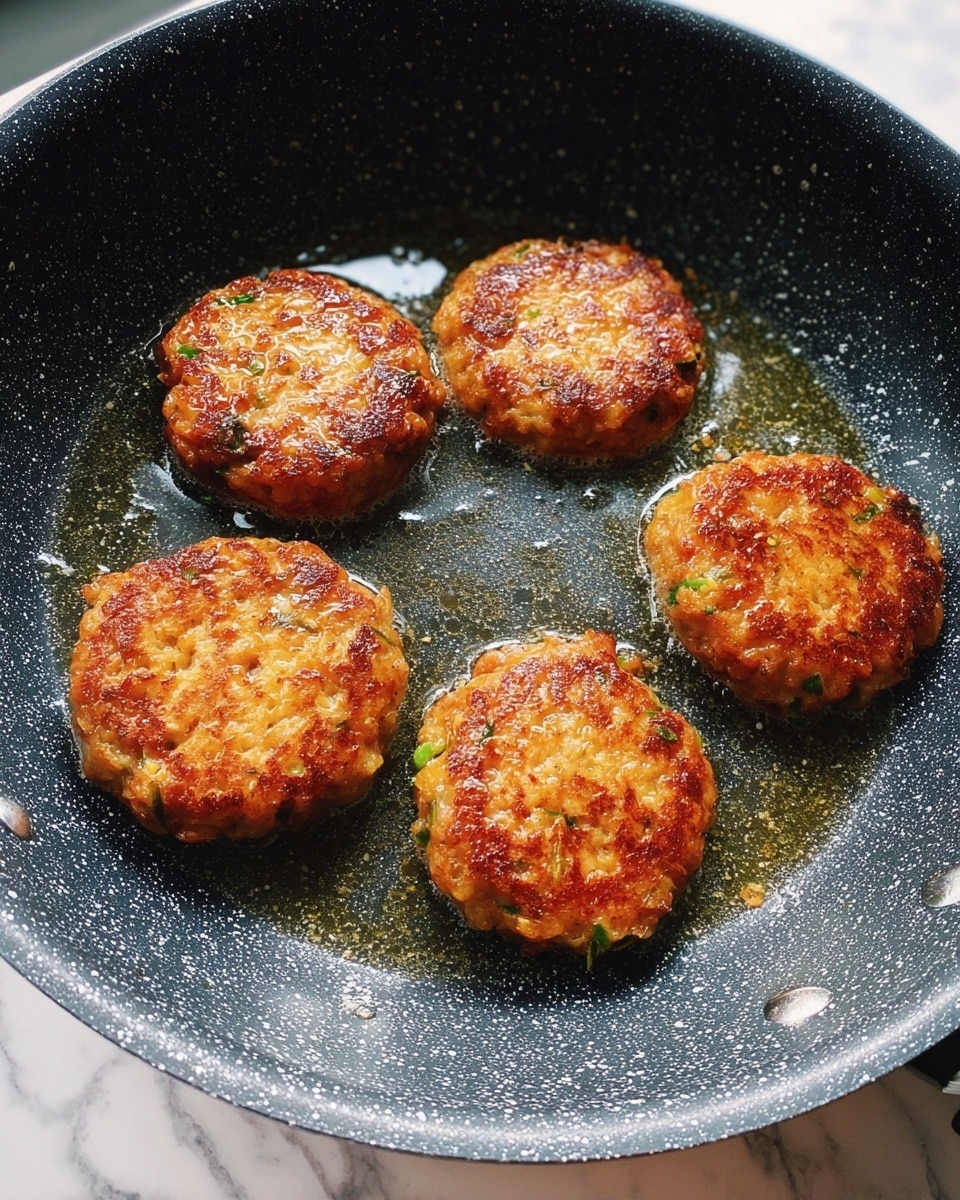 Five small, round patties with a golden brown color and slightly crispy texture are cooking in a deep, dark grey speckled pan. The patties have a rough surface with small pieces of green herbs visible inside. The pan shows some oil glistening around the patties, reflecting light softly. The background is a white marbled texture. photo taken with an iphone --ar 4:5 --v 7