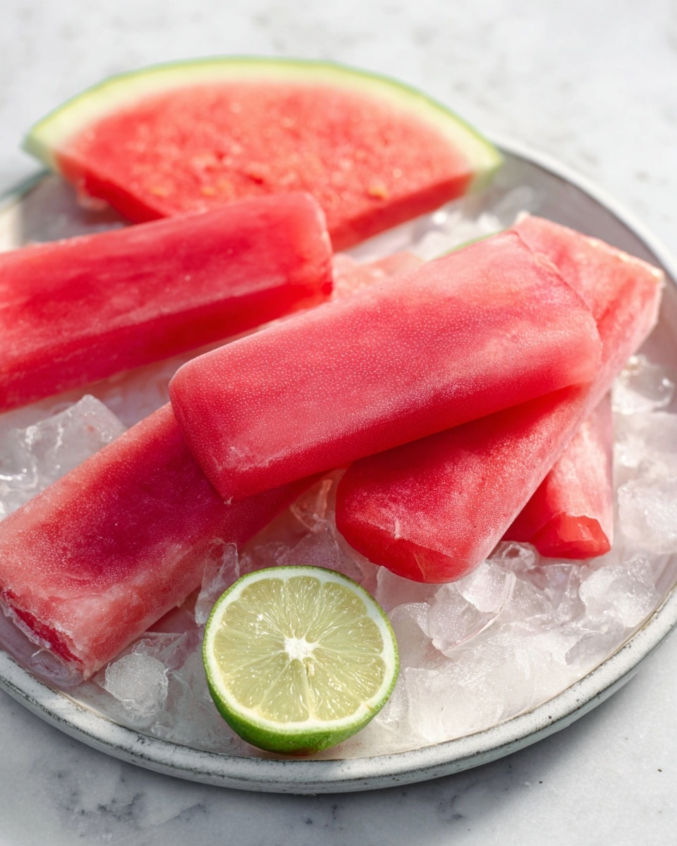 The image shows four long, pink popsicles arranged on a round white plate filled with crushed ice. Behind the popsicles are two slices of watermelon with bright red flesh and green rind, placed toward the upper part of the plate. In front, near the bottom edge of the plate, is a thin slice of lime with a green and white rind. The plate sits on a white marbled surface. The popsicles have a smooth, slightly frosty texture and the ice around them sparkles under soft light. Photo taken with an iphone --ar 4:5 --v 7