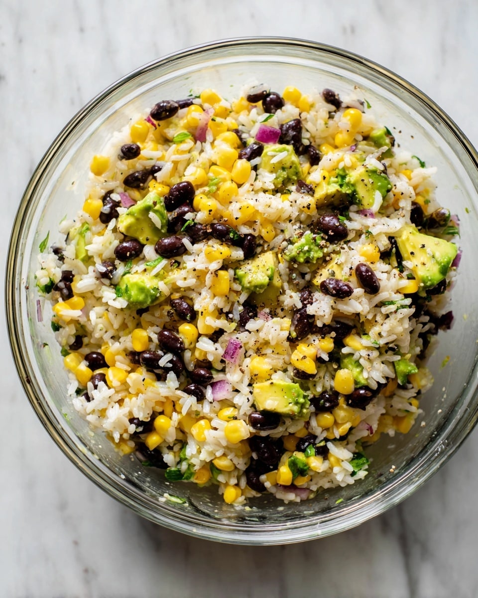 A clear glass bowl held a mixed salad showing three main layers: white grains of rice forming the base, bright yellow corn kernels evenly spread throughout, and shiny black beans scattered in between. Small pieces of green avocado and bits of purple onion are mixed in, adding more color. The salad looks fresh and lightly seasoned, visible with some black pepper sprinkled on top. The bowl is sitting on a white marbled surface. photo taken with an iphone --ar 4:5 --v 7