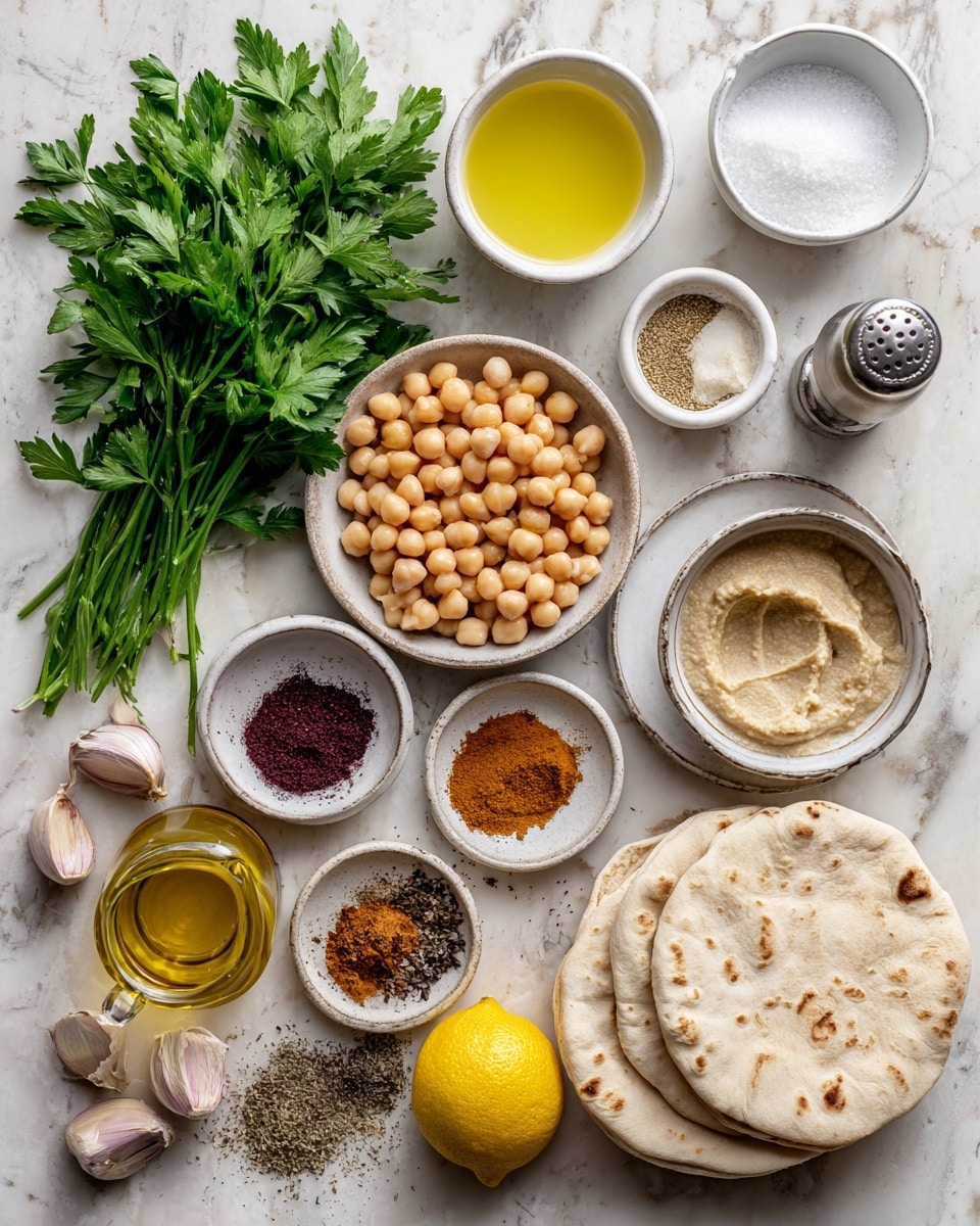 The image shows a neatly arranged flat lay of ingredients on a white marbled surface, including a bunch of fresh green parsley on the left, a small white bowl with light yellow lemon juice above it, and a cup of coarse white salt at the top right. Below the lemon juice, there is a small white bowl with white baking soda and a small white bowl with beige tahini next to a white bowl filled with round, light brown chickpeas on a white marble slab. A small bowl with a mix of ground spices colored deep red, brown, and purple sits near the center, labeled paprika, Aleppo pepper, and sumac. Cloves of garlic are spread out below along with a few bright yellow lemon peels. Olive oil in a small clear glass, a small pitcher of ice water, a pepper grinder with dark brown pepper, and ground cumin in a small bowl complete the scene. Three white pita breads are stacked on the right, all arranged on a white marbled textured surface. Photo taken with an iphone --ar 4:5 --v 7