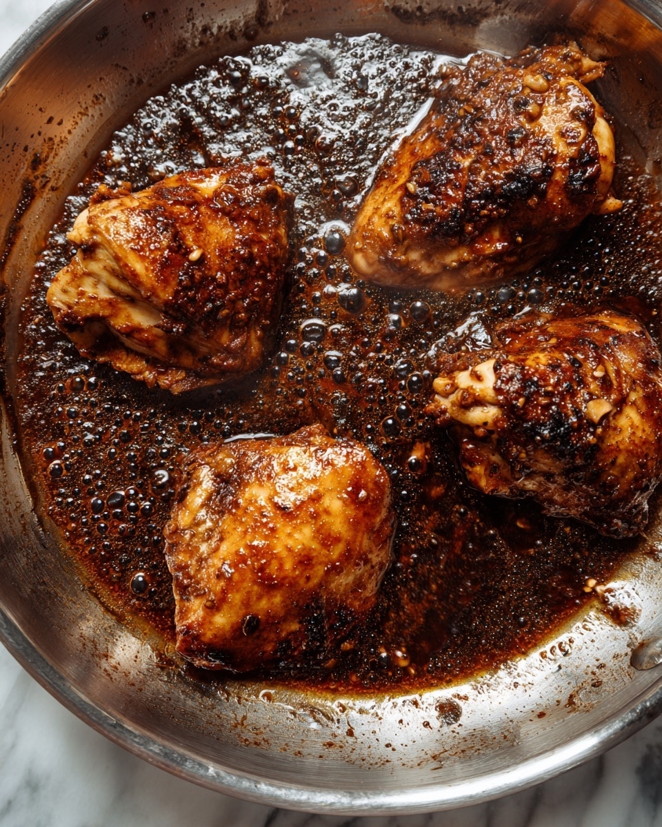 The image shows four pieces of browned cooked chicken in a steel pan filled with dark bubbling sauce. The chicken pieces are golden brown with some charred spots and are arranged with three near the edges and one more centered. The sauce is thick, dark brown, and bubbling actively around and under the chicken, giving a rich, glossy texture. The pan has a reflective metal surface that contrasts with the dark sauce and golden chicken. The background surface is a white marbled texture. Photo taken with an iphone --ar 4:5 --v 7