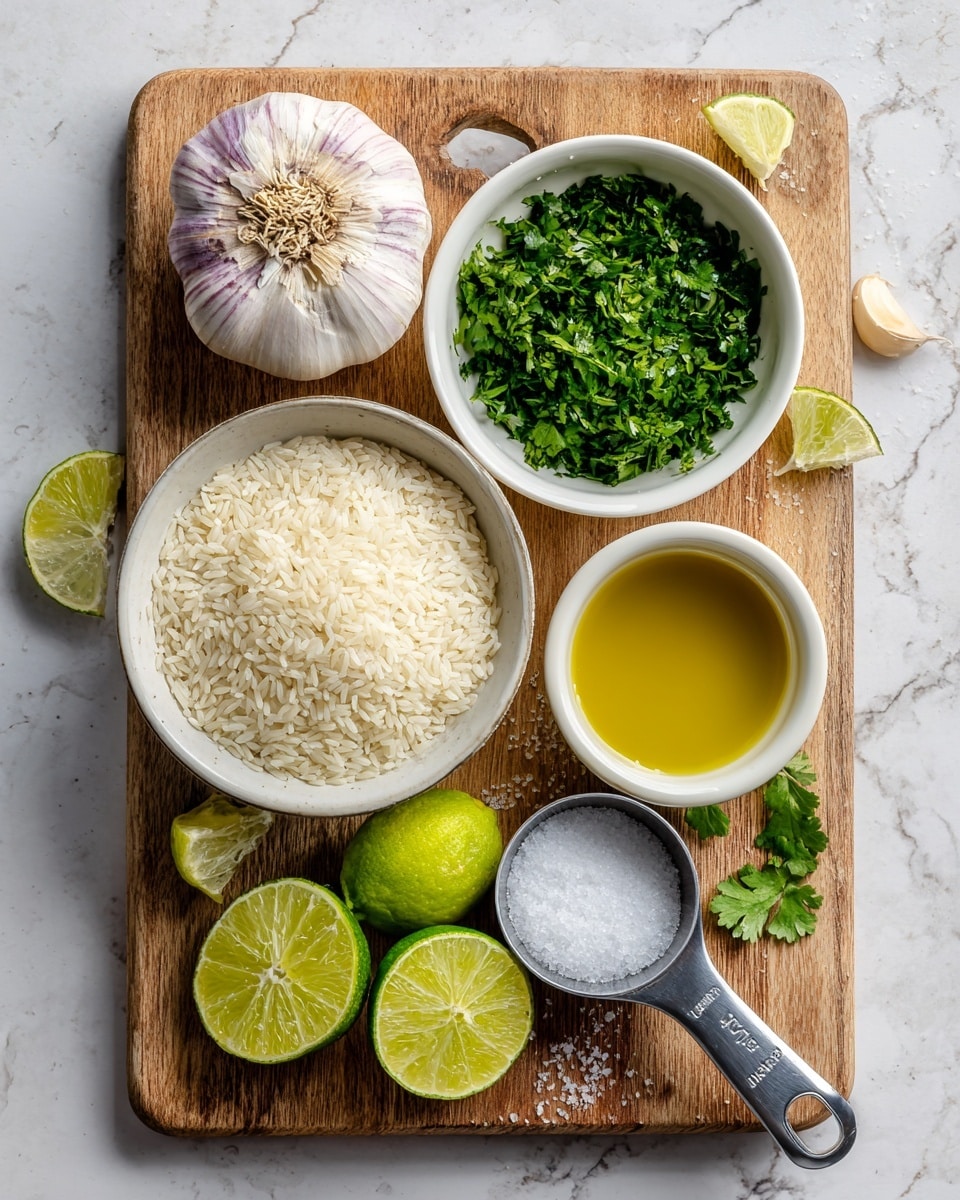 A wooden board sits on a white marbled surface, holding six key cooking ingredients. At the top left is a whole bulb of garlic with a light purple and white skin. To its right, a small white bowl is filled with fresh chopped cilantro, dark green in color. Below the garlic, two lime halves show bright green flesh and textured rinds, one bottom left on the marbled surface and the other near the bottom right beside a metal measuring spoon filled with fine white salt. In the center, a small white bowl contains golden yellow olive oil. Near the bottom left of the board, a metal measuring cup is loaded with uncooked white rice. The overall setup is clean, detailed, and well-organized, with natural colors standing out against the wood and white marble backgrounds. Photo taken with an iphone --ar 4:5 --v 7