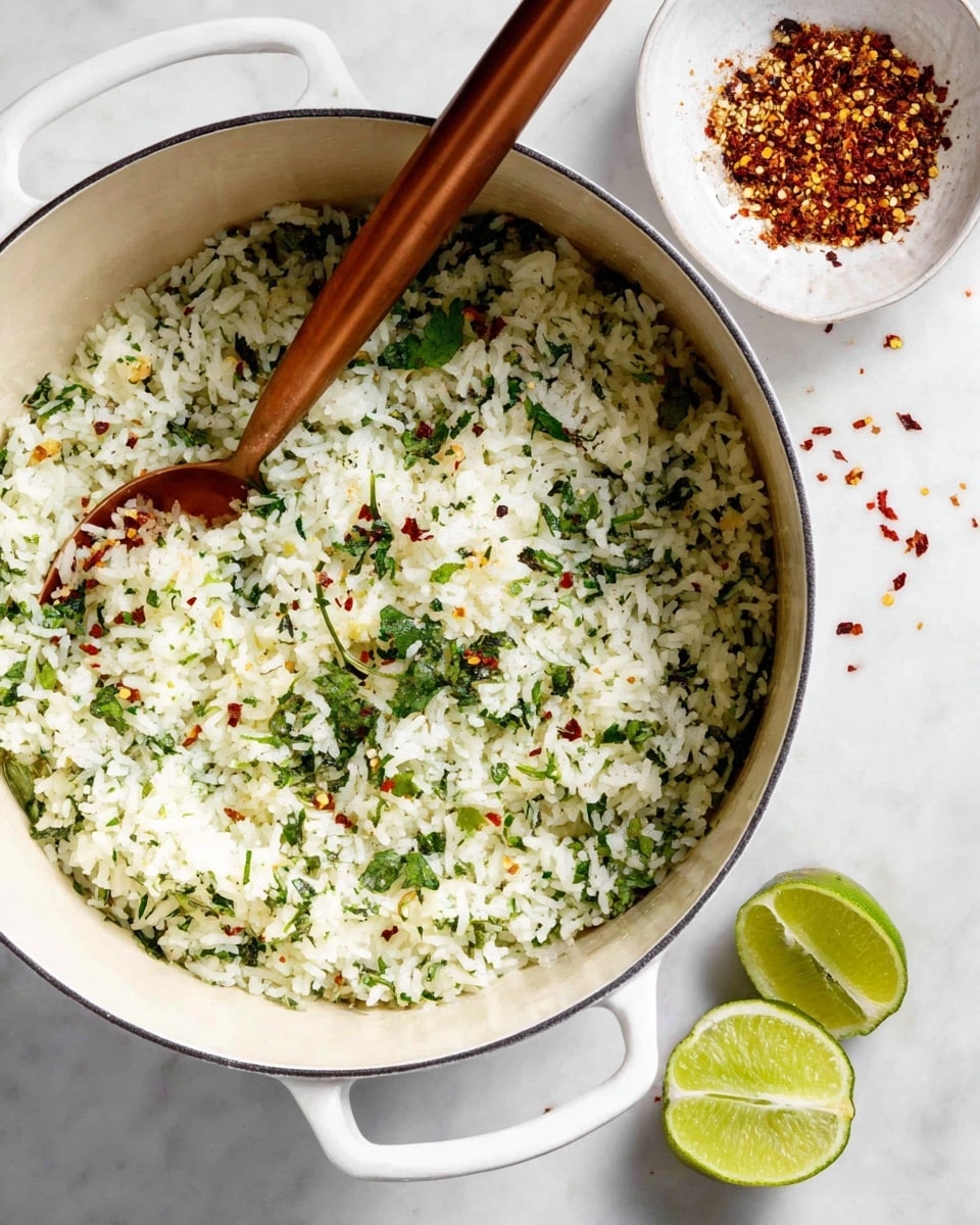 A large white pot filled with white rice mixed with finely chopped green herbs and sprinkled with tiny red chili flakes. A copper-colored spoon rests in the rice, partially buried. To the upper right of the pot, there is a small white bowl filled with a brown and red spice mix. On the white marbled surface below, two lime wedges lie with a few scattered red chili flakes nearby. The photo is clear and bright, showing all the textures and colors simply and neatly. photo taken with an iphone --ar 4:5 --v 7