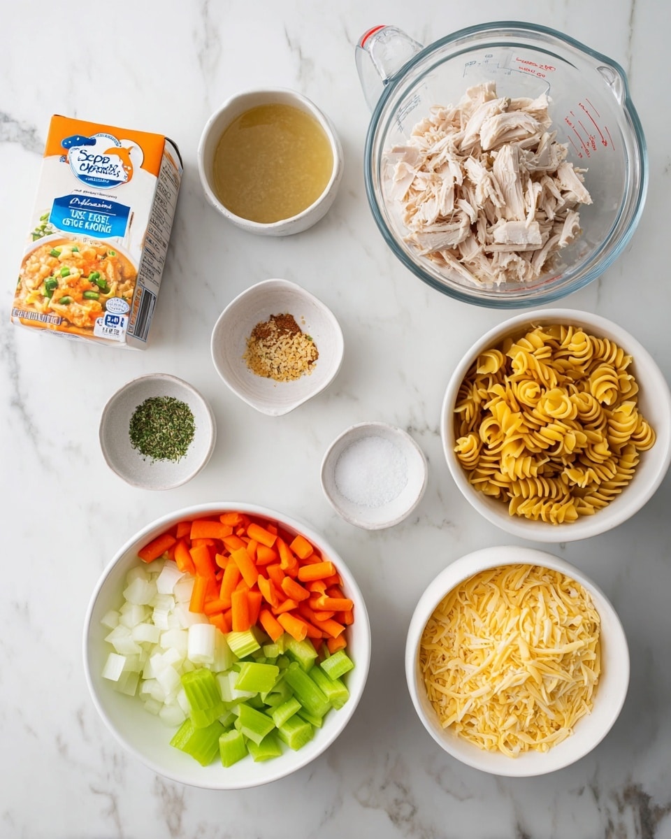 The image shows a white marbled surface with several cooking ingredients neatly arranged. At the center bottom, there is a white bowl divided into three parts with chopped white onions on the left, bright orange carrots in the middle, and green celery on the right. Above it, a clear glass measuring cup holds shredded pale chicken pieces. To the top right, a white bowl contains uncooked, yellow spiral pasta. Below that, a small white bowl has finely chopped light brown garlic, and another small white bowl to its left holds dried green herbs. Beside these, a small white bowl contains white salt. On the far left stands a carton of reduced sodium chicken broth with an orange and blue label. Near the lower right side, there is a small white bowl filled with a mix of shredded light yellow and off-white cheese. The setting is clean and bright, with all bowls and containers kept with clear separation. photo taken with an iphone --ar 4:5 --v 7