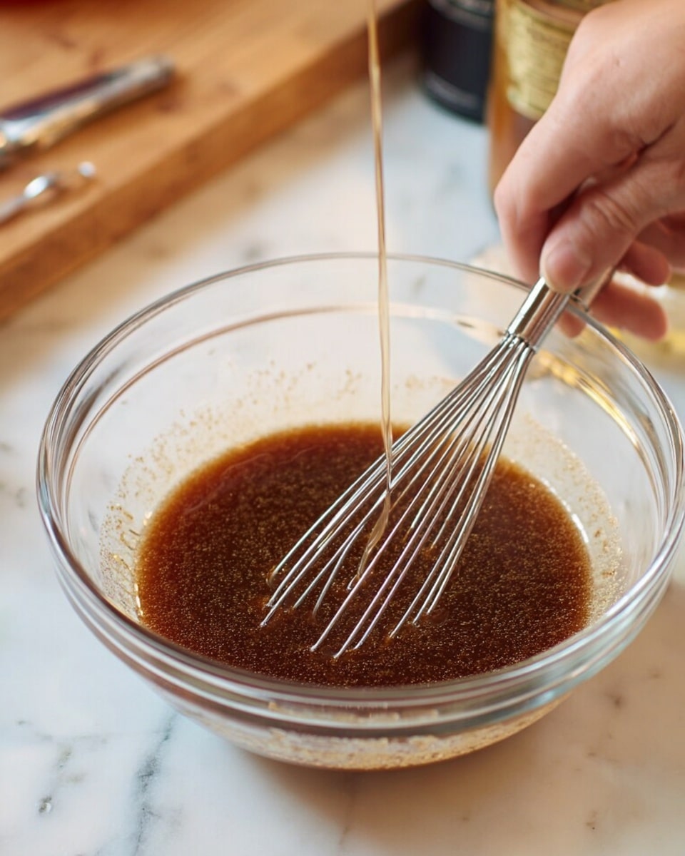 A clear glass bowl holds a dark brown liquid with a slightly thick texture, filled almost to the top. A metal whisk is inside the bowl, mixing the liquid, while a woman's hand grips the whisk on the left side of the image. A thin stream of a light-colored liquid is pouring into the bowl from above. The bowl sits on a white marbled surface with a few kitchen tools and a bottle partially visible around it. Photo taken with an iphone --ar 4:5 --v 7
