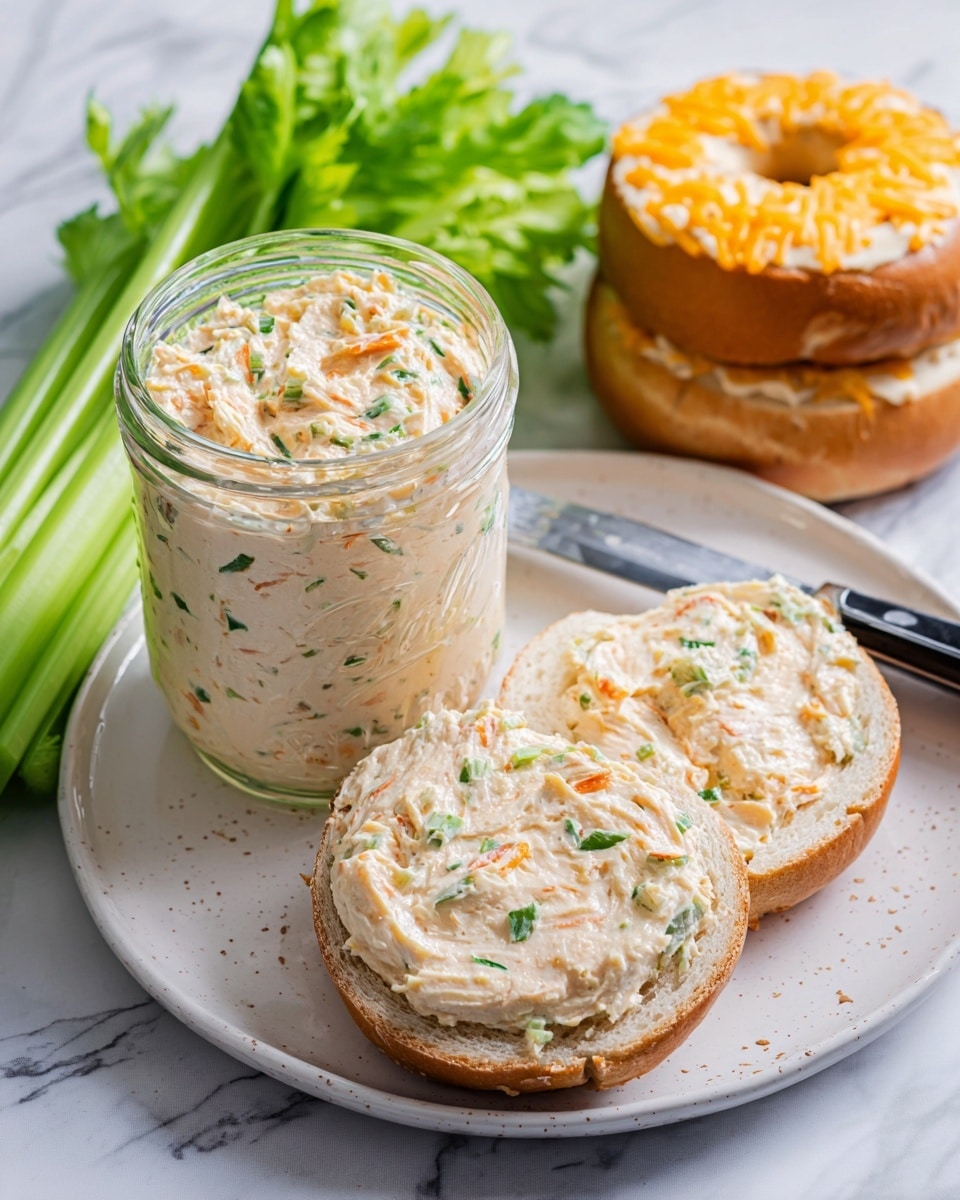 A close-up view shows a glass jar filled with a creamy spread that has small green and orange vegetable pieces mixed throughout its smooth, light yellow base. Behind the jar, there are soft golden brown bagels on a white plate, slightly out of focus. A bright green celery stalk is placed diagonally in the bottom left corner of the image on a white marbled surface. To the right of the jar, a shiny silver knife with a curved handle rests on the same white marbled surface. The overall setting is bright and clear, with a clean and fresh look. photo taken with an iphone --ar 4:5 --v 7