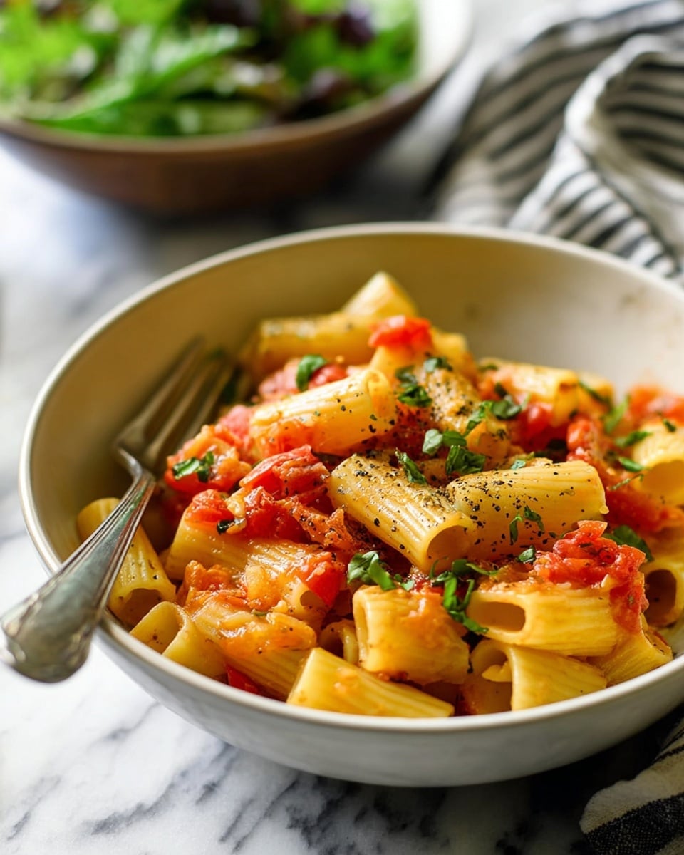 This image shows a white bowl filled with rigatoni pasta mixed with bright red chopped tomatoes and bits of green herbs scattered throughout. The rigatoni is a pale yellow color and looks soft with a slight shine from light sauce. Tiny pieces of what appears to be minced garlic and specks of black pepper are visible on the pasta. The pasta sits on a white marbled surface with a striped cloth partially visible in the background, and a silver fork rests inside the bowl. The photo taken with an iphone --ar 4:5 --v 7