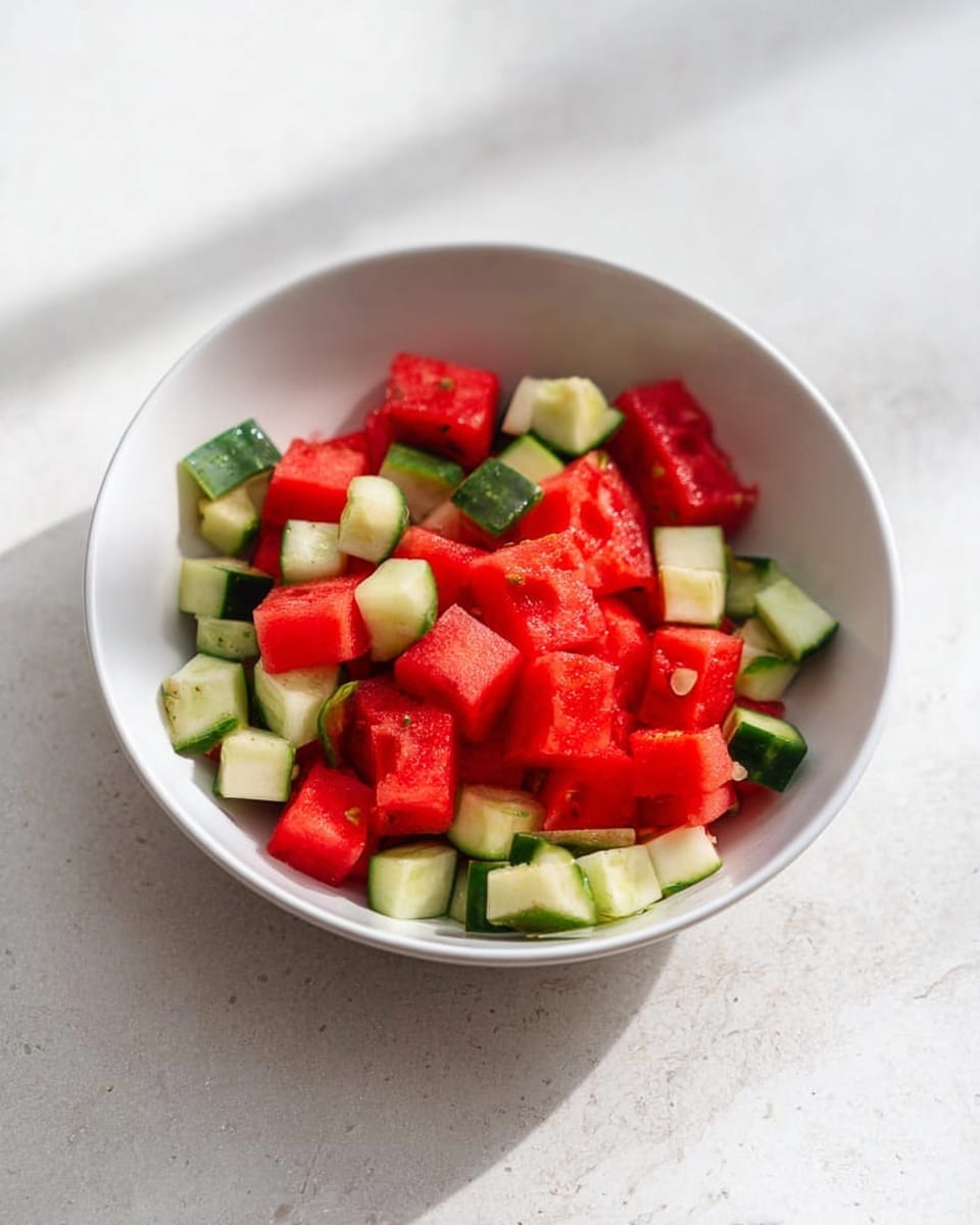 A white bowl filled with a simple salad of small, cubed red watermelon pieces mixed with small, cubed green cucumber pieces. The watermelon cubes have a juicy, smooth texture while the cucumber cubes show a fresh, crisp look with darker green edges and lighter green inside. The bowl sits on a white marbled surface with soft natural light casting gentle shadows. Photo taken with an iphone --ar 4:5 --v 7