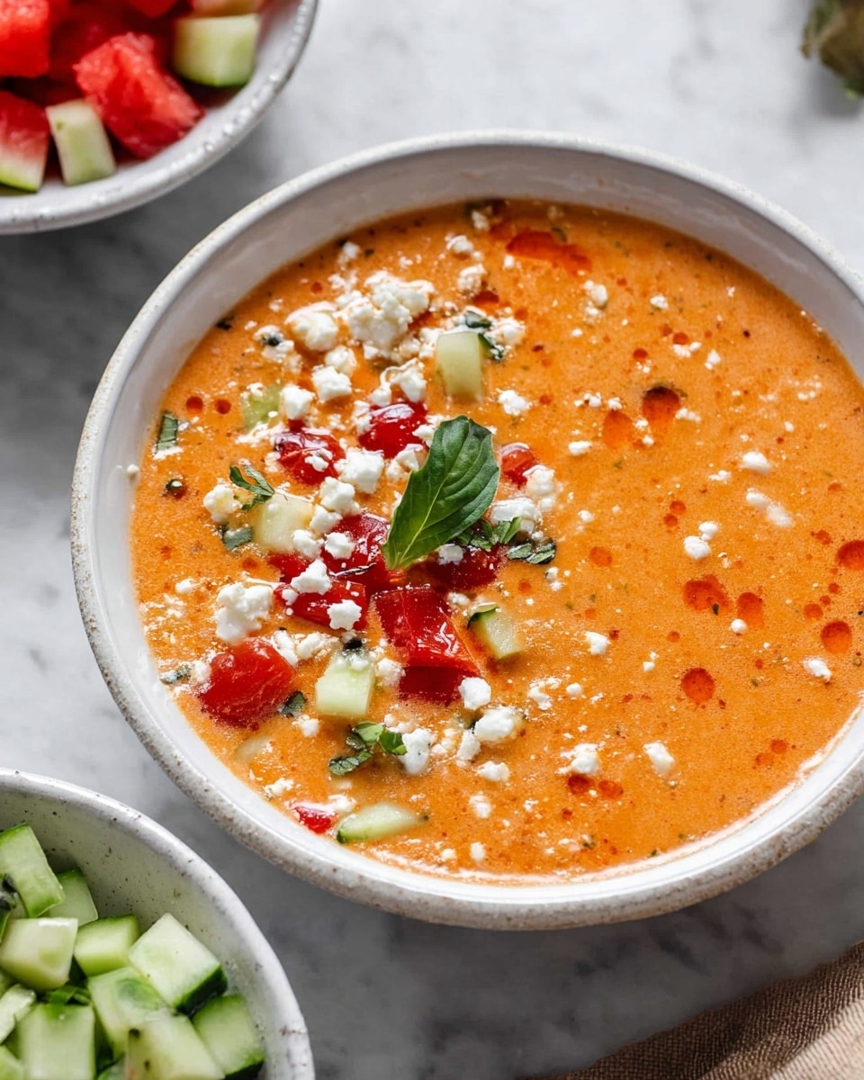 A white bowl filled with creamy orange soup that has a slightly chunky texture. On the left side of the soup surface, there are small pieces of red tomatoes, white crumbled cheese, light green cucumber cubes, and a small green basil leaf on top. The bowl is set on a white marbled surface. In the background, a white bowl with diced cucumber and watermelon can be partly seen. Photo taken with an iphone --ar 4:5 --v 7