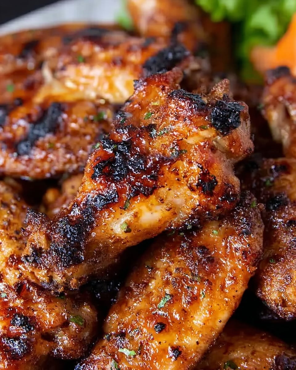 A close-up view of several grilled chicken wings piled on top of each other, showing a rich golden-brown color with charred black spots and a slightly crispy texture. Each wing is coated with a shiny glaze that highlights the grilled marks and seasoning spread evenly across the surface. The background shows a white marbled texture slightly blurred to focus on the wings. photo taken with an iphone --ar 4:5 --v 7