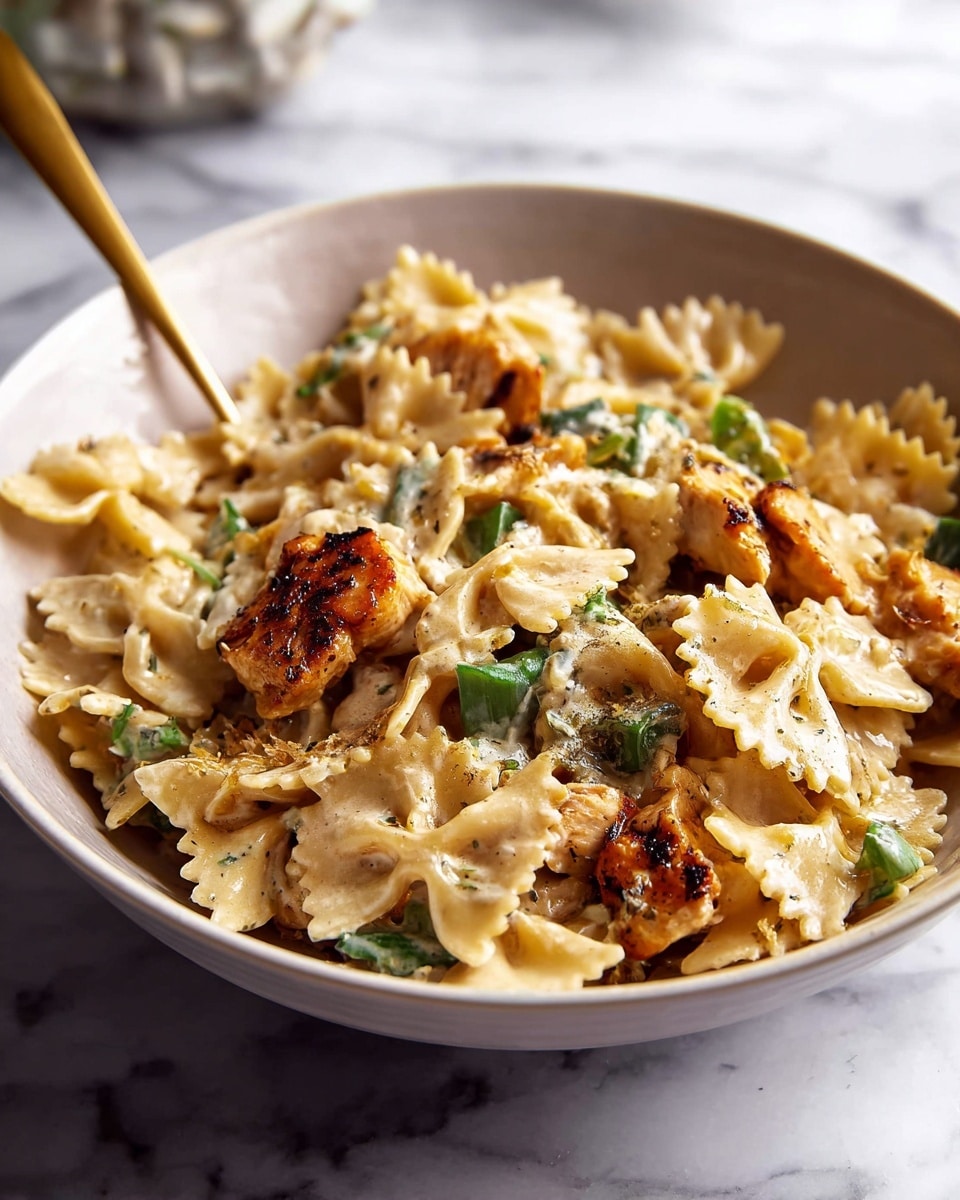 A white bowl filled with creamy pasta made of bowtie-shaped noodles mixed with golden brown grilled chicken pieces and small chunks of green vegetable, all coated in a light beige creamy sauce, sitting on a white marbled surface with a gold fork resting inside the bowl; in the background, a blurred white marbled texture is visible, photo taken with an iphone --ar 4:5 --v 7