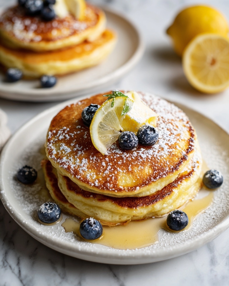 A stack of five round, golden-brown pancakes sits on a white plate with a light brown rim, placed on a white marbled surface. The pancakes have a soft, fluffy texture with small air holes visible inside the cut section. On top, there are three blueberries dusted lightly with powdered sugar, with more blueberries scattered around the base of the stack. Two thin lemon slices lie beside the pancakes on the plate. A woman's hand holding a fork is lifting a piece of the bottom pancake, showing the soft inside. The top pancake glistens with syrup, and there is a light sprinkle of powdered sugar on top and side edges. photo taken with an iphone --ar 4:5 --v 7
