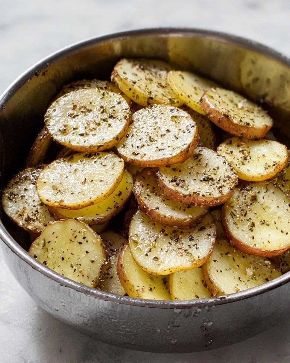 A pile of round potato slices with brown skin and pale yellow inside is placed on a white marbled surface. Behind the potatoes, there is a white bowl filled with shredded bright orange cheese. To the right, there are three small white bowls arranged vertically, containing yellow olive oil, white coarse salt, and black ground pepper from top to bottom. The photo taken with an iphone --ar 4:5 --v 7