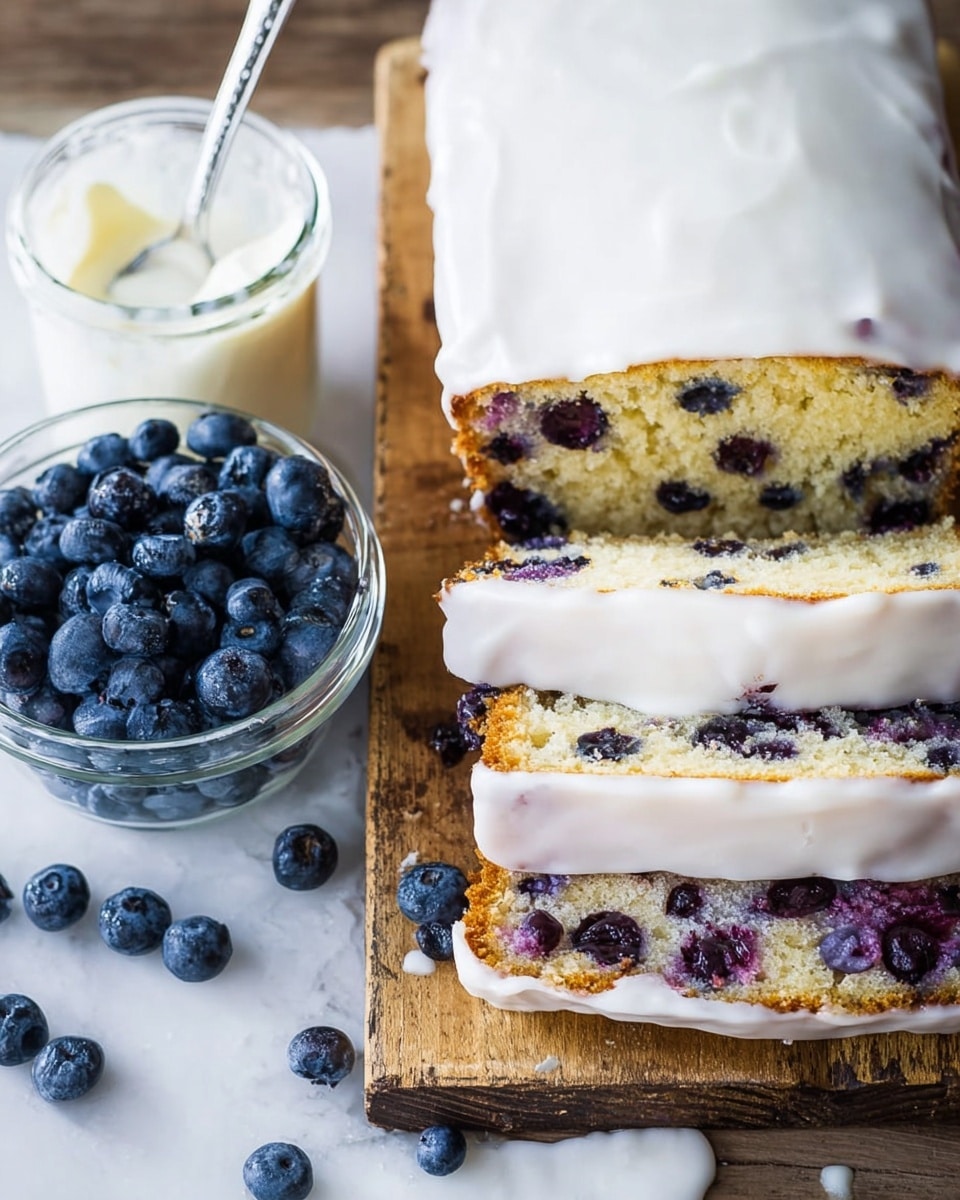 The dish shows a loaf of blueberry cake with three thick slices. The top layer is smooth white icing covering the whole loaf. The cake inside is light yellow with scattered dark blue blueberries throughout. Next to the cake, there is a white bowl filled with fresh, round blueberries and a small glass jar with white icing and a silver spoon inside. The background is a white marbled texture. photo taken with an iphone --ar 4:5 --v 7