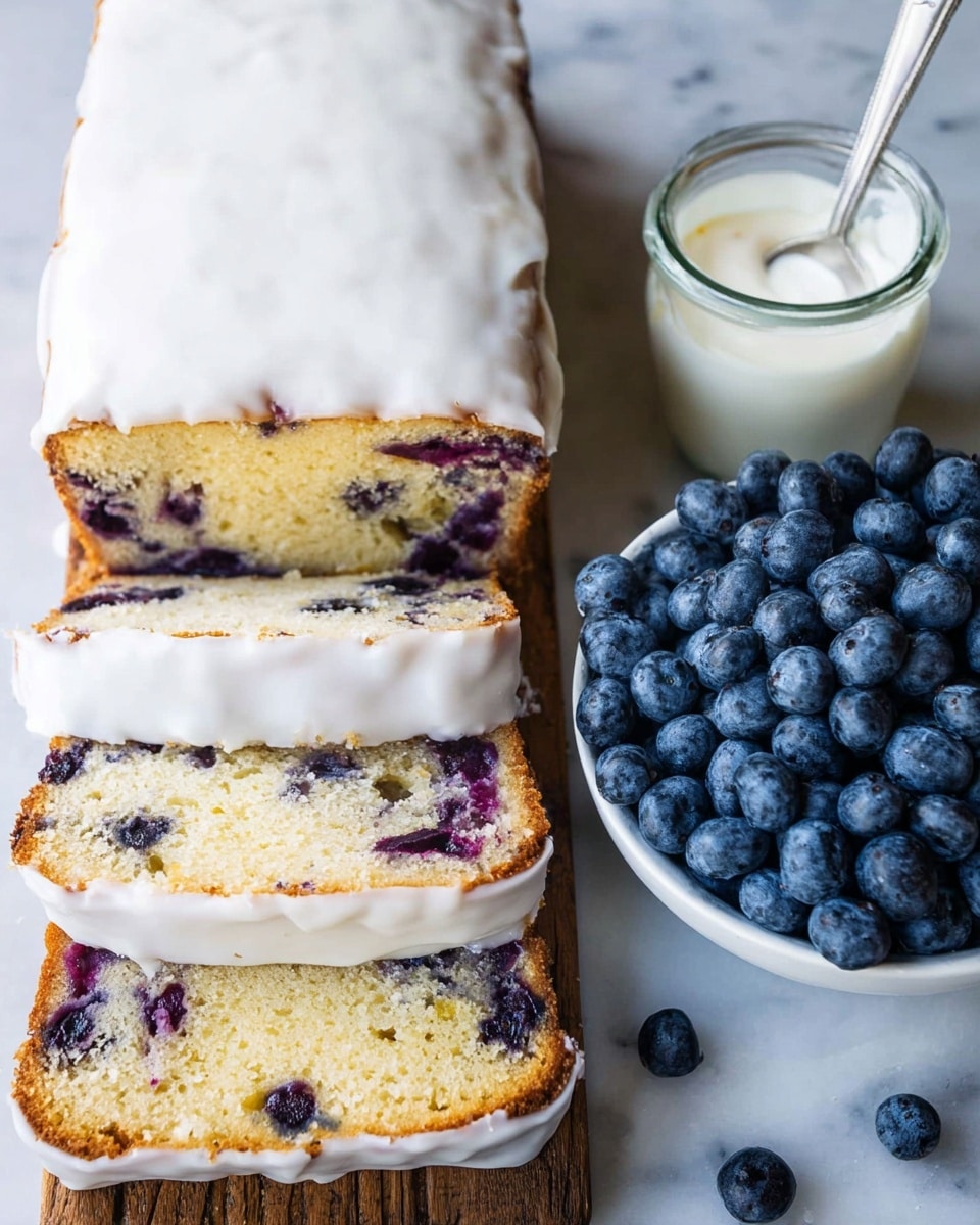 The image shows a sliced blueberry cake with white icing on top, placed on a wooden surface. The cake has three visible layers: the top layer is covered by thick, smooth white icing, the middle layer shows a golden crumb texture with blueberries inside, and the bottom layer has more blueberries scattered throughout a moist, light yellow crumb. Next to the cake, there is a small glass jar with white icing and a silver spoon inside. A container full of fresh blueberries is also placed near the cake, with some blueberries scattered on the wooden surface around it. The whole scene is set against a white marbled texture. Photo taken with an iphone --ar 4:5 --v 7