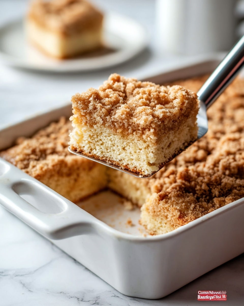 The image shows a square piece of crumb cake being lifted with a metal spatula from a white baking dish. The cake has two layers: a light golden, soft and crumbly base, and a thicker layer of golden brown crumb topping with a rough, grainy texture. The baking dish is on a white marbled surface, and in the background, there is a slice of cake on a white plate, slightly out of focus. The lighting is soft, highlighting the crumb details well. photo taken with an iphone --ar 4:5 --v 7