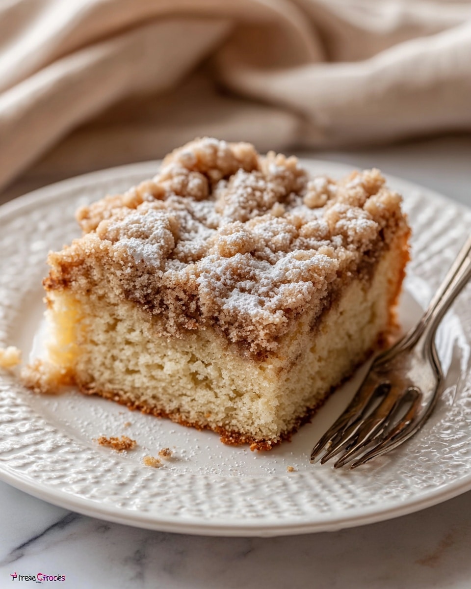 A thick square piece of crumb cake sits on a white decorative plate, showing two main layers: a soft, light beige cake base with a slightly crumbly texture, and a top layer of golden-brown crumb topping with a rough, uneven surface dotted with larger clumps covered lightly with powdered sugar dusted across it. The cake edge is slightly uneven with small crumbs scattered on the plate nearby. To the right of the cake is a silver fork resting on the plate. The plate is placed on a white marbled surface with a beige cloth blurred softly in the background. Photo taken with an iphone --ar 4:5 --v 7