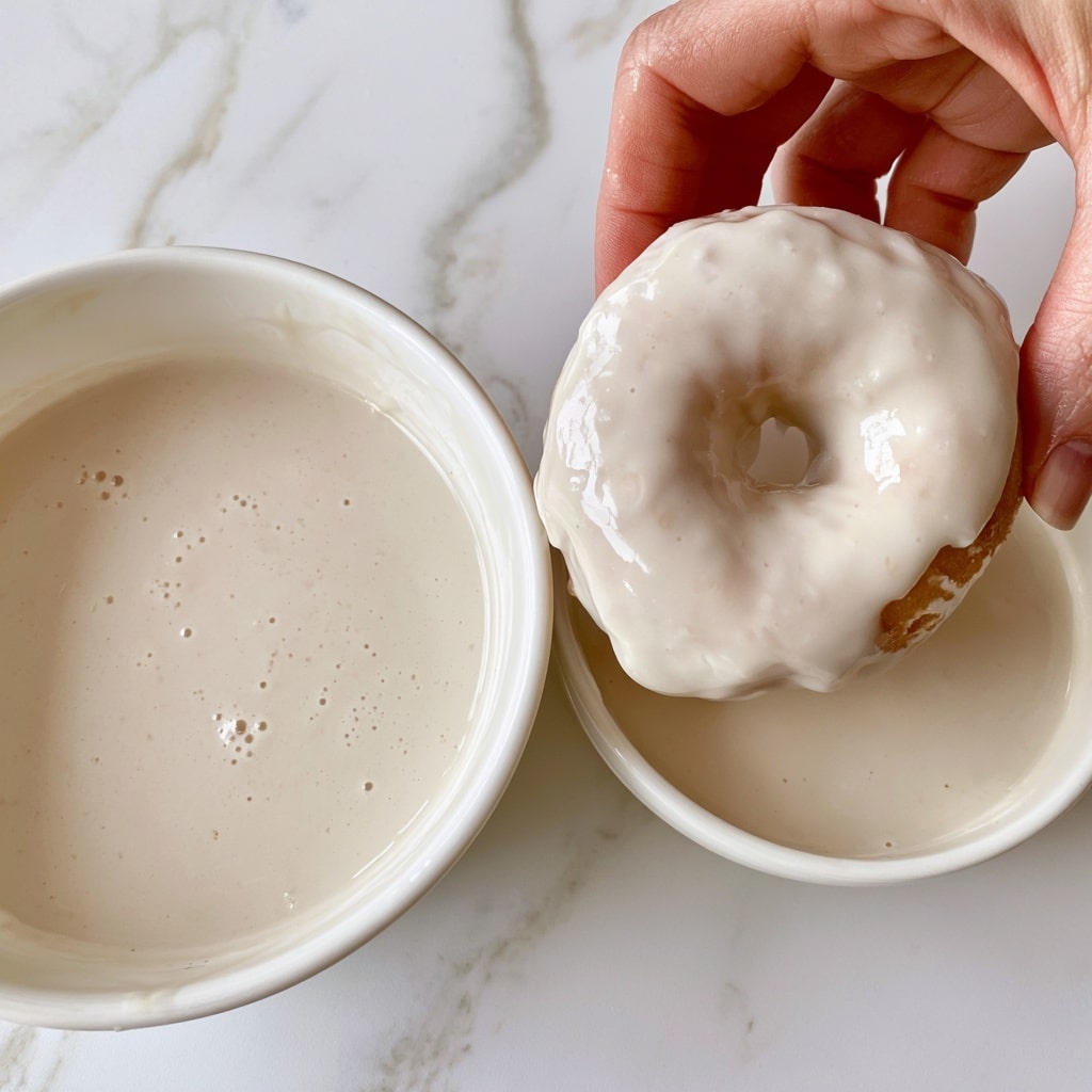 A white bowl filled with smooth, beige-colored glaze with small bubbles on the surface is set on a white marbled background. Next to it, a woman's hand holds a round donut with a hole in the middle above a white bowl filled with the same glaze. The donut's top is covered with thick, shiny white glaze dripping slightly down the sides. The scene focuses on the donut being dipped carefully into the bowl of glaze, all placed on the white marbled surface photo taken with an iphone --ar 4:5 --v 7
