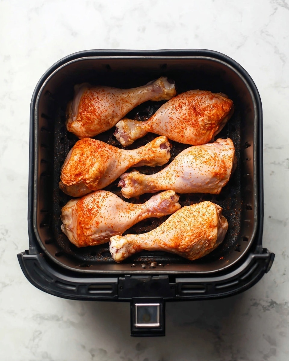 A black air fryer basket holds six raw chicken drumsticks arranged in two rows of three. Each drumstick is coated with a light reddish seasoning, giving them a slightly shiny, textured surface. The air fryer basket sits on a white marbled countertop, adding a clean, bright background to the image. photo taken with an iphone --ar 4:5 --v 7