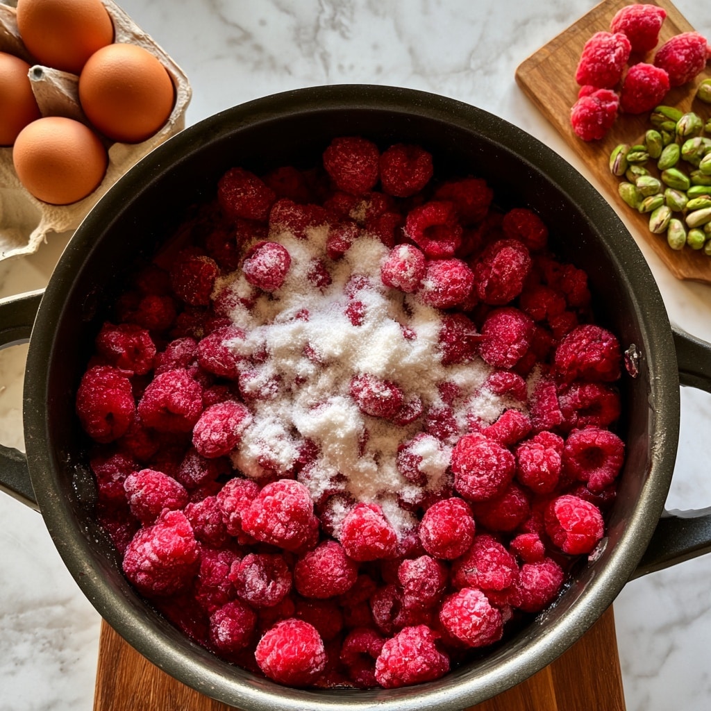 A black pot filled with two layers: the bottom layer is bright red frozen raspberries with a frosty texture, and the top layer is white granulated sugar sprinkled unevenly over the raspberries. The pot sits on a wooden surface. To the left, there is an open egg carton with four brown eggs, and to the right, a small wooden cutting board holds several red frozen raspberries and green pistachio nuts. All this is arranged on a white marbled background. photo taken with an iphone --ar 4:5 --v 7