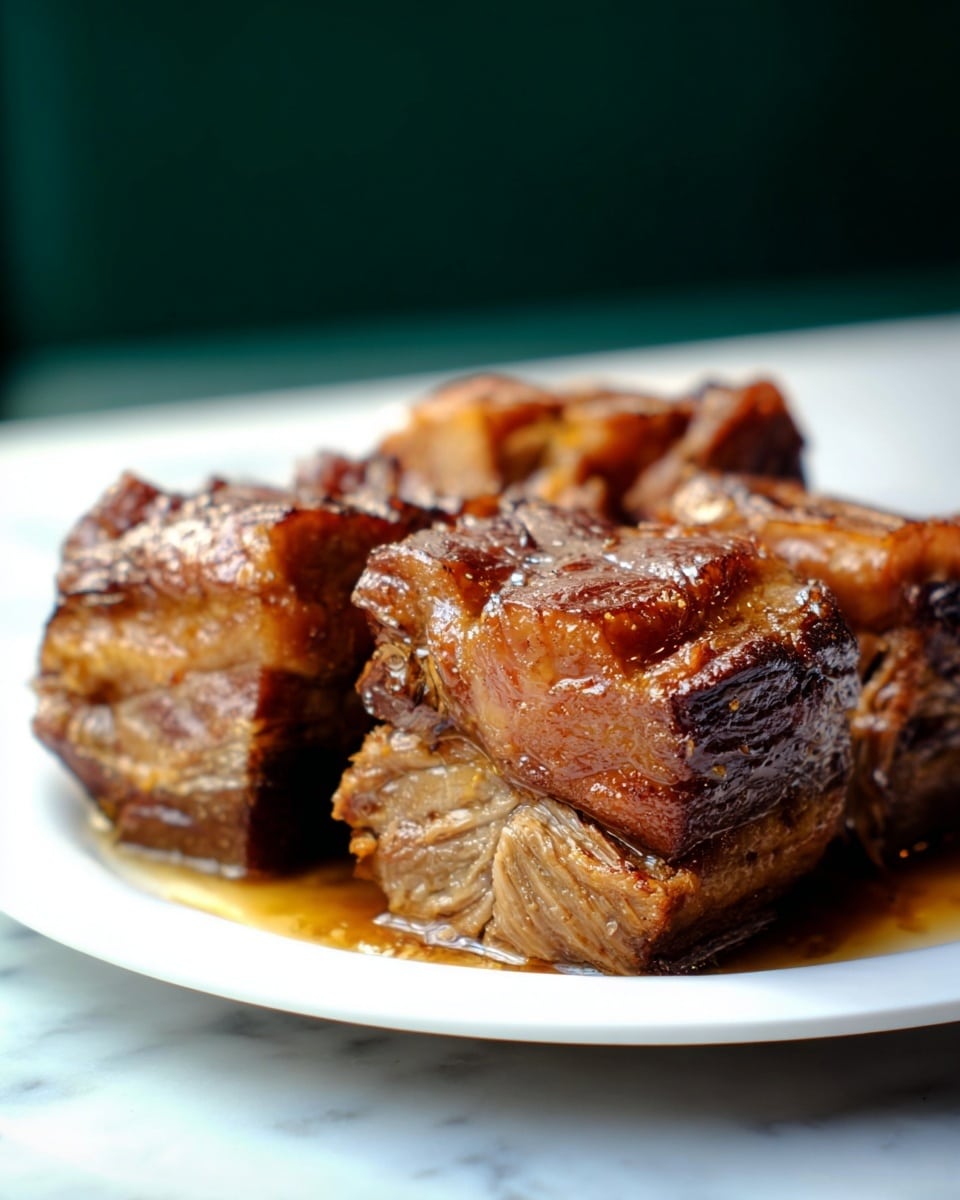 The image shows four chunks of cooked meat on a white plate. Each piece has a rich brown color with a glazed shiny surface, showing a mix of tender, juicy textures and some fibrous meat strands. The meat pieces are thick and square-shaped, with visible layers of cooked fat and muscle. There is some sauce or juice around the meat on the plate. The background has a soft dark green blurred effect and the plate rests on a white marbled surface. photo taken with an iphone --ar 4:5 --v 7