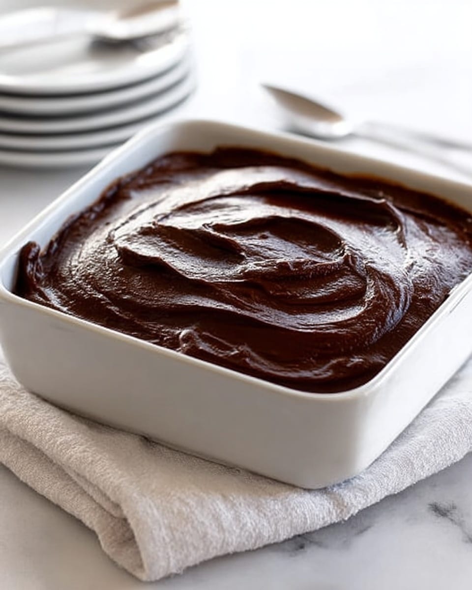A white square baking dish filled with one thick layer of smooth, shiny dark chocolate frosting that has been spread in even swirls on top. The dish sits on a soft white cloth with a stack of clean white plates in the background on a white marbled surface. Photo taken with an iphone --ar 4:5 --v 7