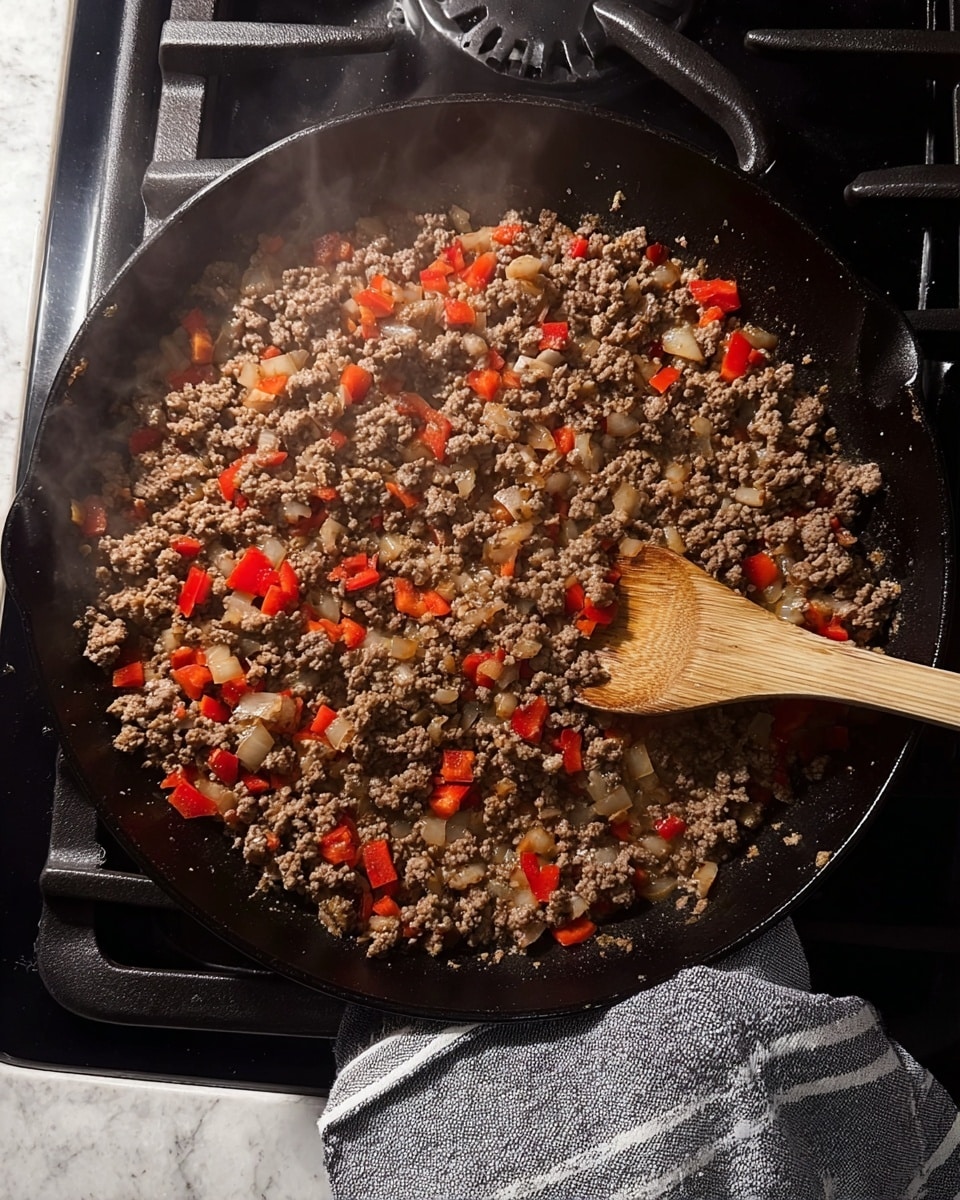A black cast iron pan filled with cooked ground meat mixed with small pieces of red bell pepper and translucent white onion, all evenly spread across the pan's surface. A wooden spoon with a smooth texture rests on the right side of the pan, slightly submerged in the mixture. The pan is set on a black stove top with visible heating coils, and a gray and white striped towel lies below the stove handle. The scene shows light steam rising from the cooked food, highlighting its warmth. Photo taken with an iphone --ar 4:5 --v 7