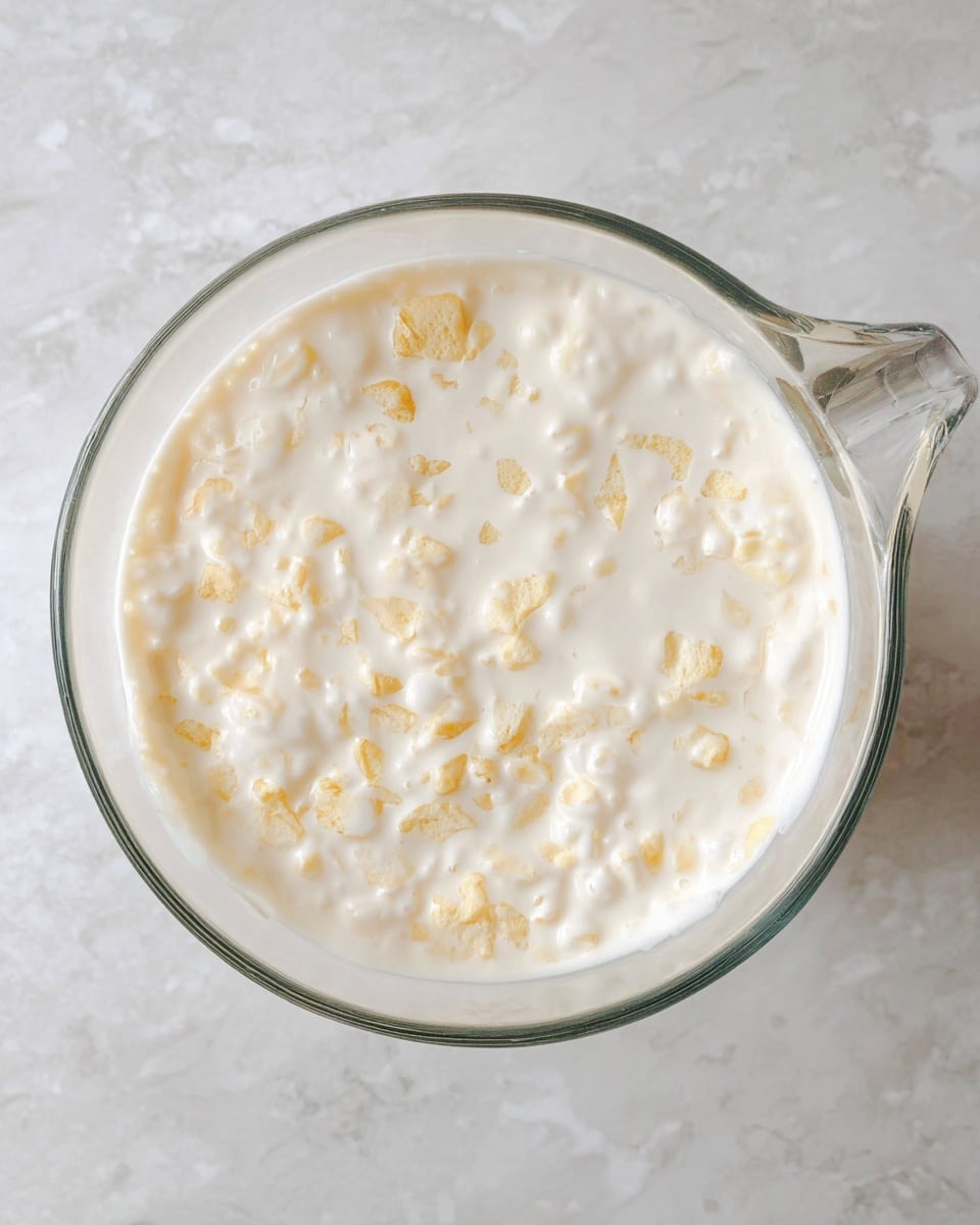A clear glass pitcher filled with a creamy, white mixture that has small, light yellow chunks dispersed throughout. The surface of the mixture looks thick and smooth with a slightly bumpy texture from the chunks. The pitcher is set on a white marbled texture, and the image is taken from above showing the full top view of the pitcher. photo taken with an iphone --ar 4:5 --v 7