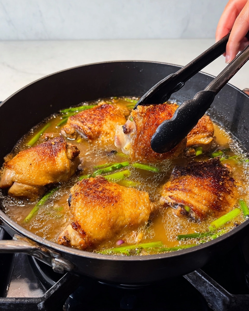 A black pan filled with five golden-brown cooked pieces of chicken skin-side up, simmering in a light brown broth with small bubbles. Bright green chopped spring onions float around the chicken pieces, adding color contrast. A woman's hand holds black tongs lifting one of the chicken pieces, showing the cooked texture and crispy skin. The pan sits on a stove with a white marbled surface in the background. photo taken with an iphone --ar 4:5 --v 7
