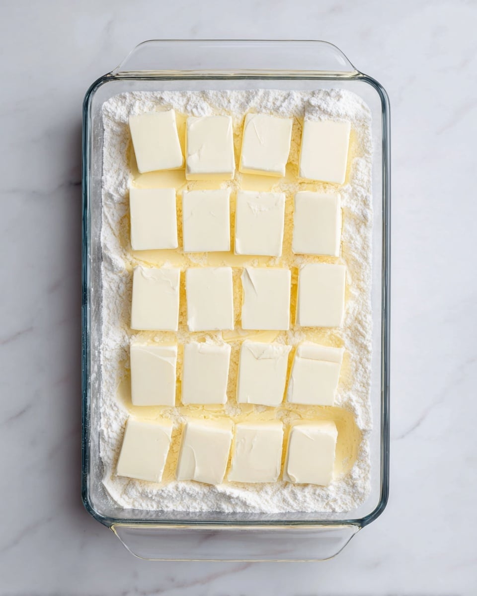 A top view of a glass rectangular baking dish filled with a layer of light yellow powdery flour. On top of the flour are about five rows of evenly spaced square white butter slices, 6 in each row, covering the whole surface. The dish is set on a white marbled surface, creating a clean and bright look. photo taken with an iphone --ar 4:5 --v 7