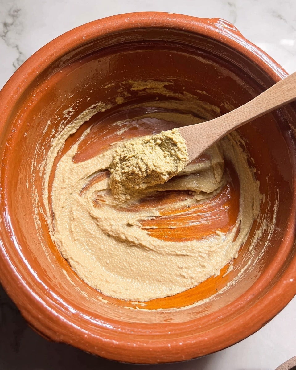 Inside a smooth, round, orange clay pot, there is a light beige creamy paste spread unevenly on the bottom. A wooden spoon with a light brown handle rests on the pot's edge, holding some of the paste that has an oily orange tint on one side. The texture of the paste looks slightly grainy with some shine from oil. The pot sits on a white marbled surface. Photo taken with an iphone --ar 4:5 --v 7