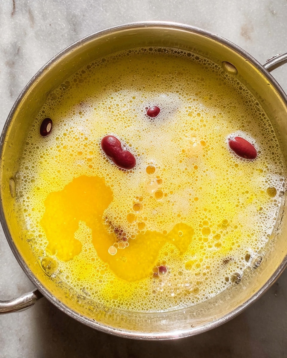 A close-up view of a silver pot filled with boiling liquid that has a layer of bright yellow foam covering most of the surface. Under the foam, the water is clear with some small bubbles, and there are a few floating dark red beans scattered near the edges. The pot sits on a white marbled surface with the pot handles slightly visible. photo taken with an iphone --ar 4:5 --v 7