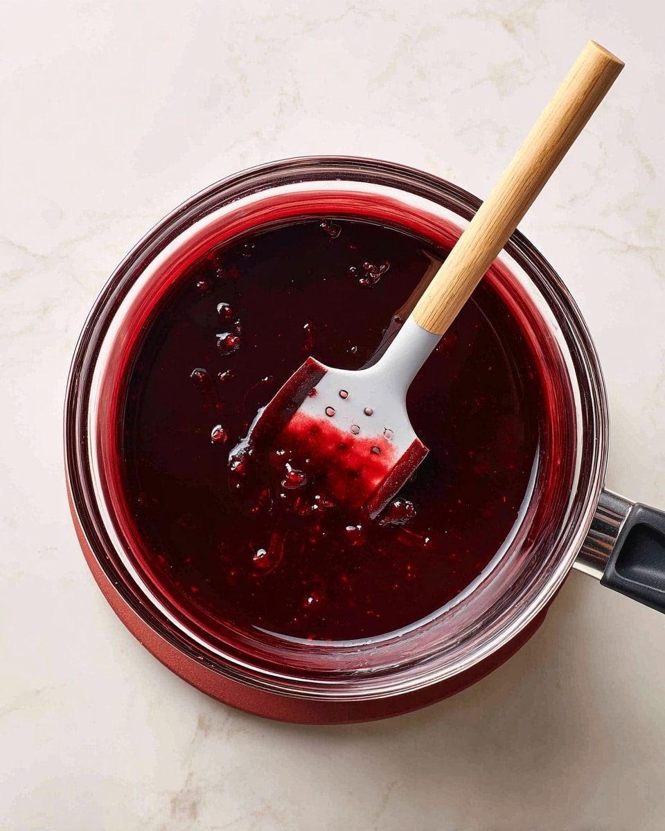 The image shows two sections side by side on a white marbled surface. On the left, a clear glass bowl holds a deep red liquid with small dark bits, and a metal spoon with holes rests inside it. On the right, a black pot contains a thick, shiny dark red sauce being stirred by a white spatula with a wooden handle. The pot sits on a red trivet. The overall scene is bright and clean, with the rich red colors standing out against the neutral background. photo taken with an iphone --ar 4:5 --v 7