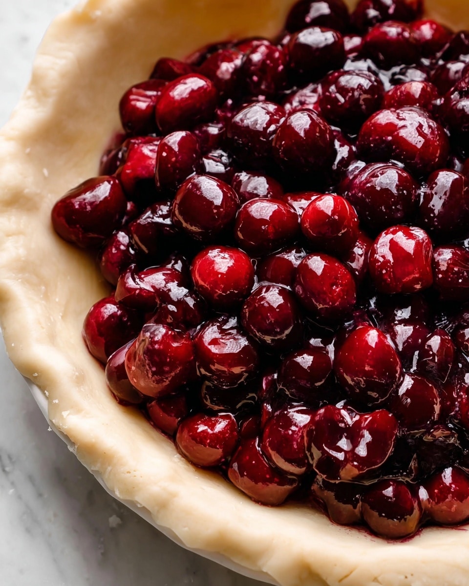 A close-up view of a white pie crust filled with a thick layer of glossy, pitted dark red cherries. The cherries are shiny and wet, packed closely together, covering the light beige pie dough that lines the pie dish. The pie crust edge is smooth and slightly crimped around the cherries. The background shows a white marbled texture. photo taken with an iphone --ar 4:5 --v 7