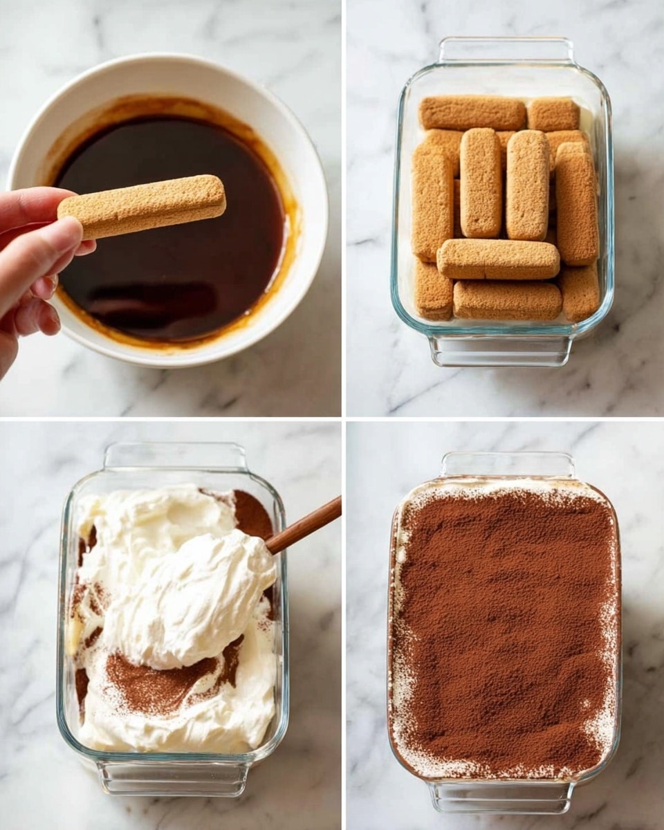 The image shows four steps of making a layered dessert starting on a white marbled surface. In the first step, a woman's hand is dipping a long light brown biscuit into a dark brown liquid in a white round bowl, with more biscuits beside it. The second step displays a clear glass square dish filled with a single layer of soaked light brown biscuits arranged neatly at the bottom. The third step reveals the same dish with a thick layer of white creamy mixture being spread on top of the biscuit layer using a wooden spoon. The final image shows the glass dish covered with a smooth, even layer of dark brown cocoa powder on top of the white cream. Photo taken with an iphone --ar 4:5 --v 7