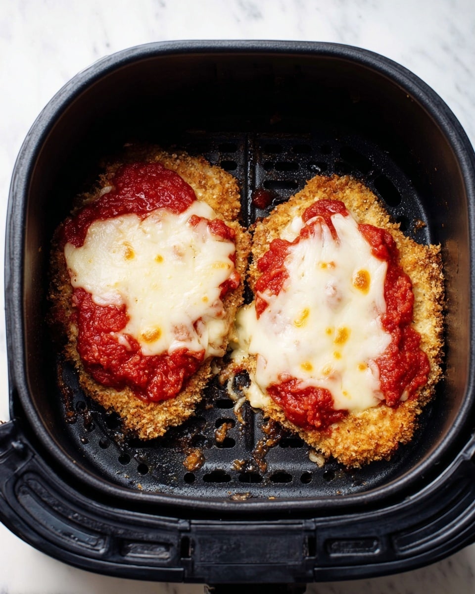 Inside a black air fryer basket, there are two pieces of breaded food with a golden brown, crispy texture on the bottom layer. On top of each piece, there is a layer of chunky red tomato sauce with bright red tones. The top layer is melted cheese, creamy white with a slight golden-brown tint, spreading unevenly over the tomato sauce. The air fryer basket sits on a white marbled surface. photo taken with an iphone --ar 4:5 --v 7