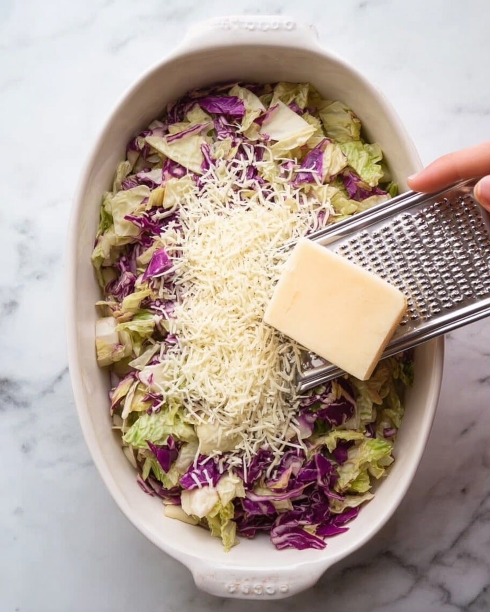A white oval dish is filled with a mix of light green and purple chopped cabbage, showing a layered texture with uneven pieces. On top, a woman's hand is grating a block of pale yellow cheese over the cabbage, creating thin shreds scattered across the top layer. The dish rests on a white marbled surface, with the cheese grater angled diagonally across the dish. The overall look highlights the colorful cabbage and fresh cheese shreds. photo taken with an iphone --ar 4:5 --v 7