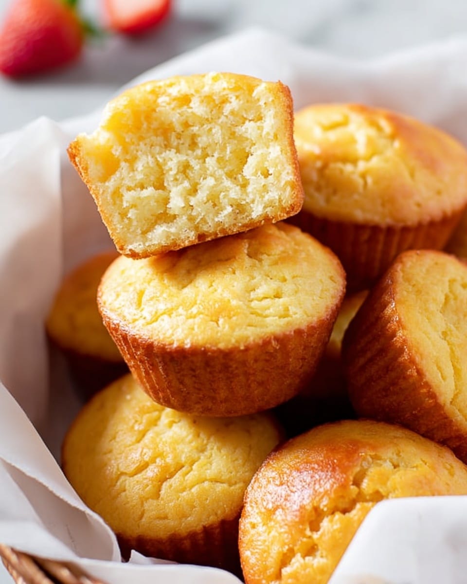 A close-up of several golden yellow muffins with a smooth and slightly shiny top, arranged in a white lined basket on a white marbled surface. Two muffins are stacked on top, with the top muffin split in half, showing a soft, moist, and airy inside with a light yellow color. The muffins have lightly browned edges, giving them a warm, fresh-baked look, and the background has blurred hints of red and green, possibly from strawberries. Photo taken with an iphone --ar 4:5 --v 7