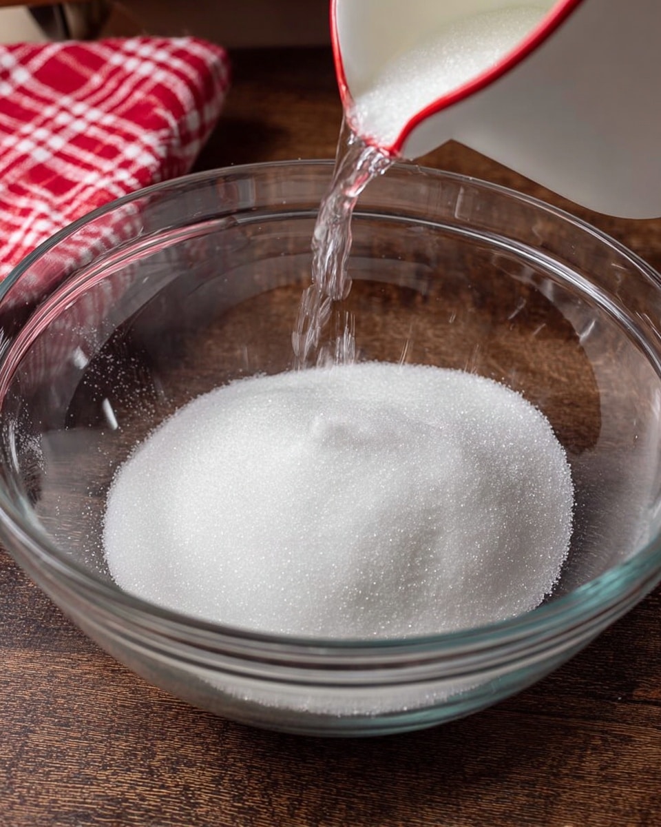 A clear glass mixing bowl with a pile of white granulated sugar inside it. Water is being poured from a small white cup with a red rim into the bowl, hitting the sugar and creating a shiny wet surface on some parts. The bowl is placed on a dark brown wooden surface with a red and white checkered cloth partially visible in the background. Photo taken with an iphone --ar 4:5 --v 7
