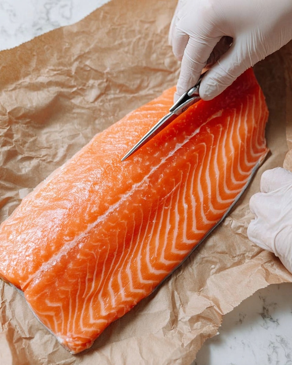 A close-up image shows a fresh, raw salmon fillet with smooth, shiny orange-pink flesh and visible creamy white lines running in a wave pattern from top to bottom, lying flat on crumpled brown parchment paper. A woman's hand wearing a white glove gently holds the salmon on one side, while the other woman's hand, also gloved, uses small silver scissors to trim or remove a thin strip from the fillet's surface. The background is a white marbled texture. Photo taken with an iphone --ar 4:5 --v 7