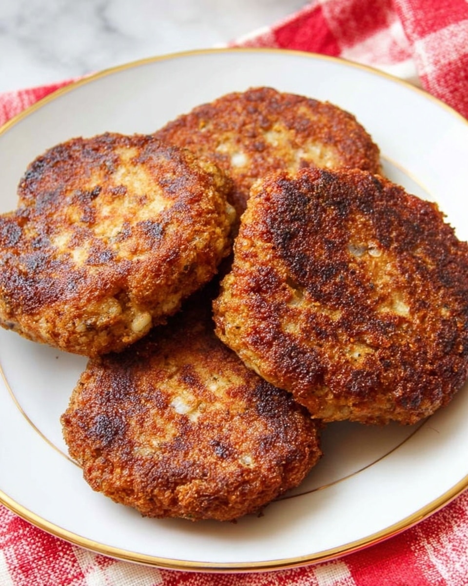 The image shows a white plate with a gold rim holding four round, thick patties that have a rough texture and a deep golden-brown color with darker spots on top. The patties have visible pieces of white and lighter ingredients mixed inside, giving them a grainy look. The plate is placed on a white marbled surface with a red and white checkered cloth partially visible underneath. photo taken with an iphone --ar 4:5 --v 7