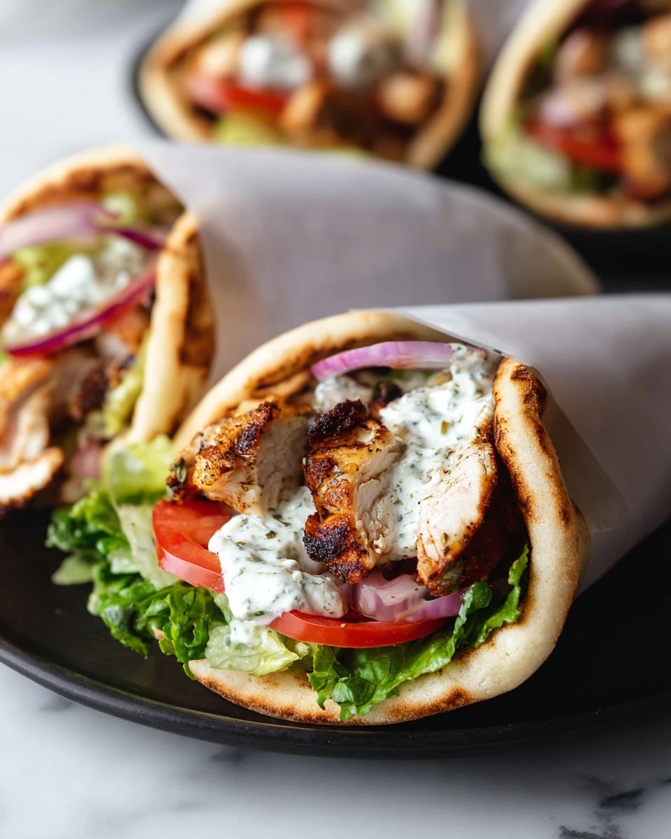The image shows a close-up of a pita sandwich wrapped in white paper, placed on a black plate with other similar sandwiches in the background. The sandwich has four visible layers: the bottom layer is green leafy lettuce with a fresh texture; above it, there are grilled golden-brown pieces of chicken with some charred edges; next comes a creamy white sauce with herbs spread on top; and the top layer includes thin slices of red tomato and purple onion. All these layers are inside a round, lightly toasted pita bread with a warm golden color and some darker spots from grilling. The plate is on a white marbled surface. Photo taken with an iphone --ar 4:5 --v 7
