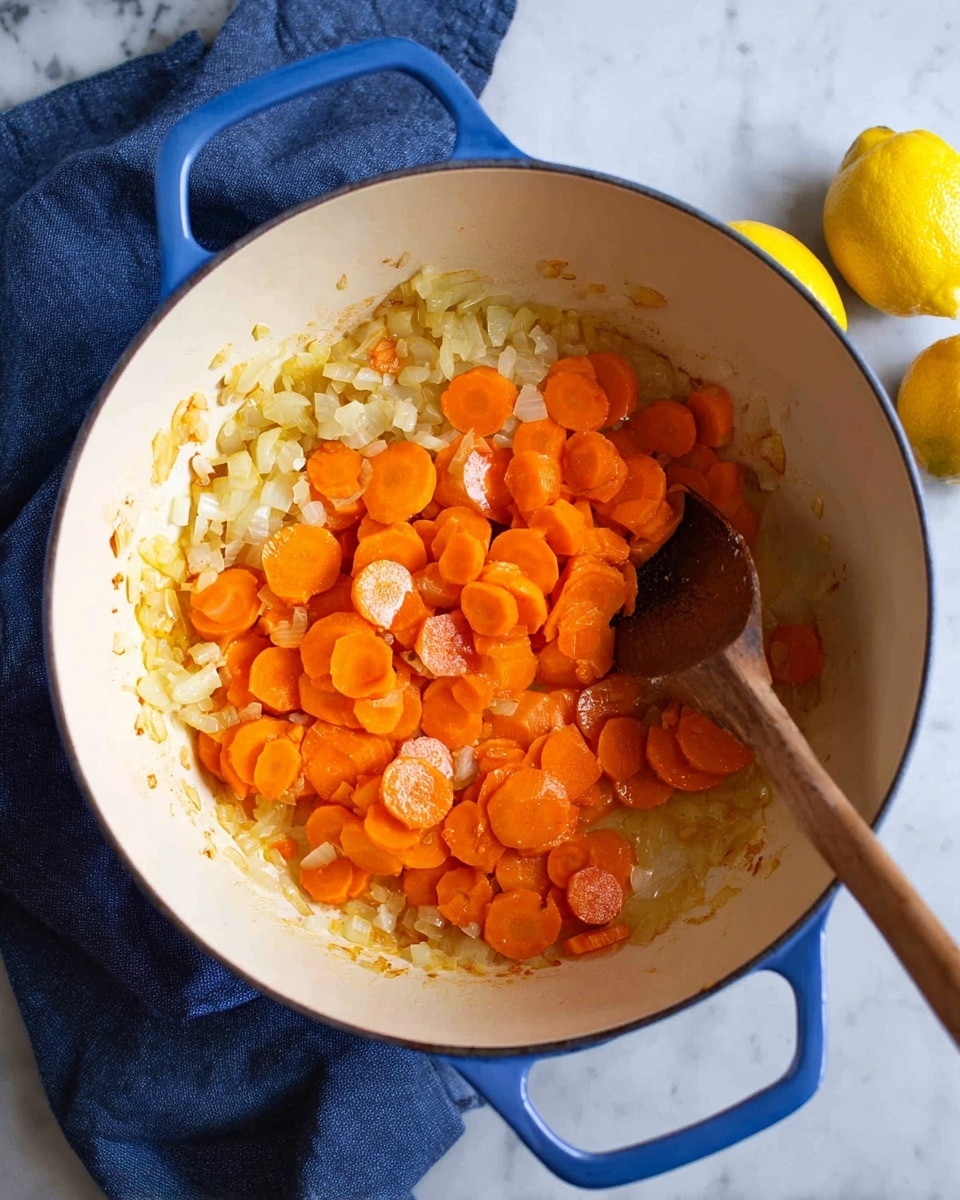 A white pot with blue handles contains two main layers: a base layer of small, soft, cooked onion pieces with a light golden color, and a top layer of flat, round slices of cooked carrots that are bright orange and slightly translucent. A wooden spoon rests inside the pot, touching both layers. The pot is on a white marbled surface, with a dark blue cloth to the left and two whole yellow lemons on the right side. photo taken with an iphone --ar 4:5 --v 7