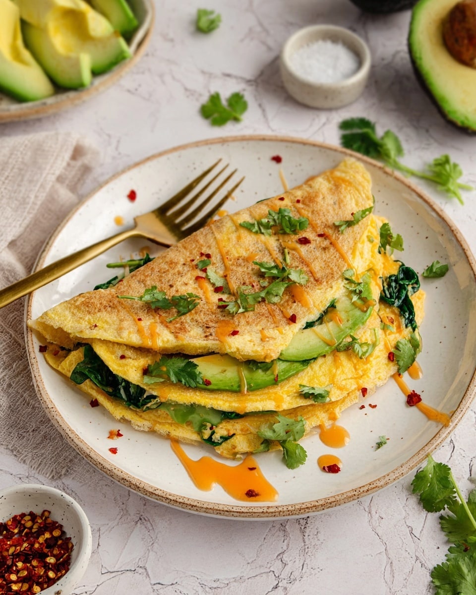 The image shows a folded omelette on a white plate with two visible layers: the top layer is light brown and slightly crispy, while the bottom layer is a vibrant yellow cooked egg. Between the layers are green avocado slices and wilted spinach leaves, adding a fresh texture. Some red chili flakes and small green cilantro leaves are sprinkled on top, along with a light drizzle of orange sauce. A gold fork rests on the left side of the plate. In the background, there is a white marbled surface with a plate of sliced avocado, a small bowl of salt, a small bowl of crushed red chili flakes, and green cilantro sprigs scattered nearby. Photo taken with an iphone --ar 4:5 --v 7