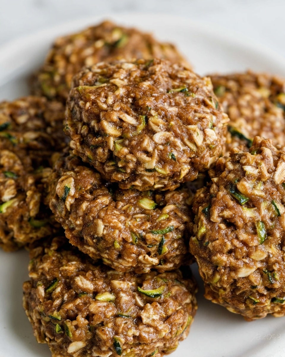 The image shows a close-up of several soft brown cookies arranged in a pile on a white plate. Each cookie has visible oats and small green zucchini pieces scattered throughout, giving them a textured and slightly chunky look. The surface of the cookies appears moist and dense with a mix of light and dark brown shades. The plate sits on a white marbled texture. photo taken with an iphone --ar 4:5 --v 7