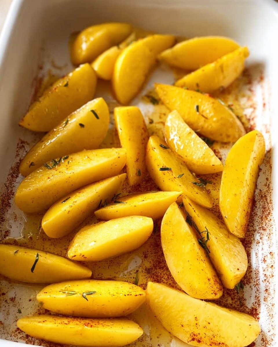 The image shows a white baking dish filled with about 15 pieces of potato wedges, arranged in a single layer. Each wedge is thick, with a smooth yellow surface that appears lightly coated in oil or seasoning. The dish has a few scattered herbs and a fine dusting of reddish-brown spice sprinkled evenly across the potatoes and the white marbled textured surface of the dish. The light reflects slightly on the wedges, giving them a fresh, glossy look. Photo taken with an iphone --ar 4:5 --v 7