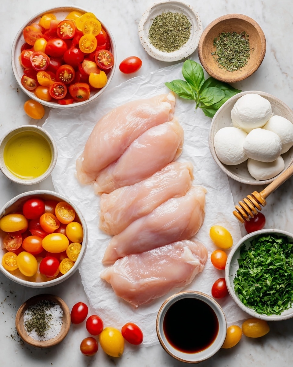 The image shows four pieces of raw chicken laid out on a white parchment paper over a white marbled surface. Around the chicken, there are small white bowls filled with different ingredients: bright red cherry tomatoes halved, bright yellow cherry tomatoes halved, fresh chopped green herbs, two small white mozzarella balls on a white plate, and small wooden bowls with salt, pepper, dried herbs, and honey with a wooden honey dipper. There are also small white bowls containing olive oil and a dark balsamic-like liquid. Scattered fresh whole cherry tomatoes in red and yellow add extra color. photo taken with an iphone --ar 4:5 --v 7
