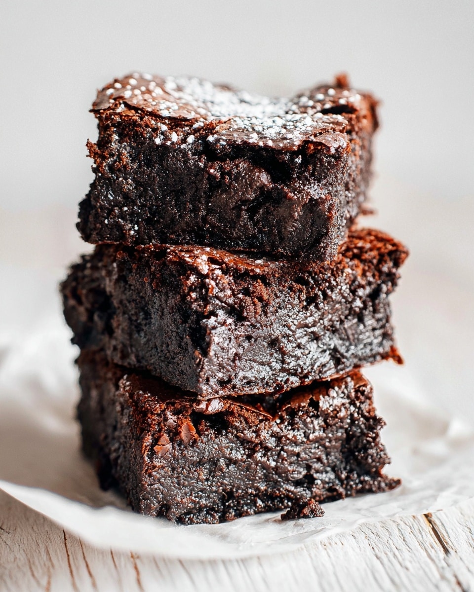 A stack of three thick, dark chocolate brownies with a rich and moist texture is shown resting on white parchment paper. Each brownie layer reveals a fudgy inside with shiny, slightly cracked tops dusted lightly with powdered sugar. The edges are rough and crumbly, with dark brown almost black tones mixed with hints of lighter brown throughout. The background is a white marbled wood surface with soft lighting enhancing the brownies’ dense and chewy look. photo taken with an iphone --ar 4:5 --v 7