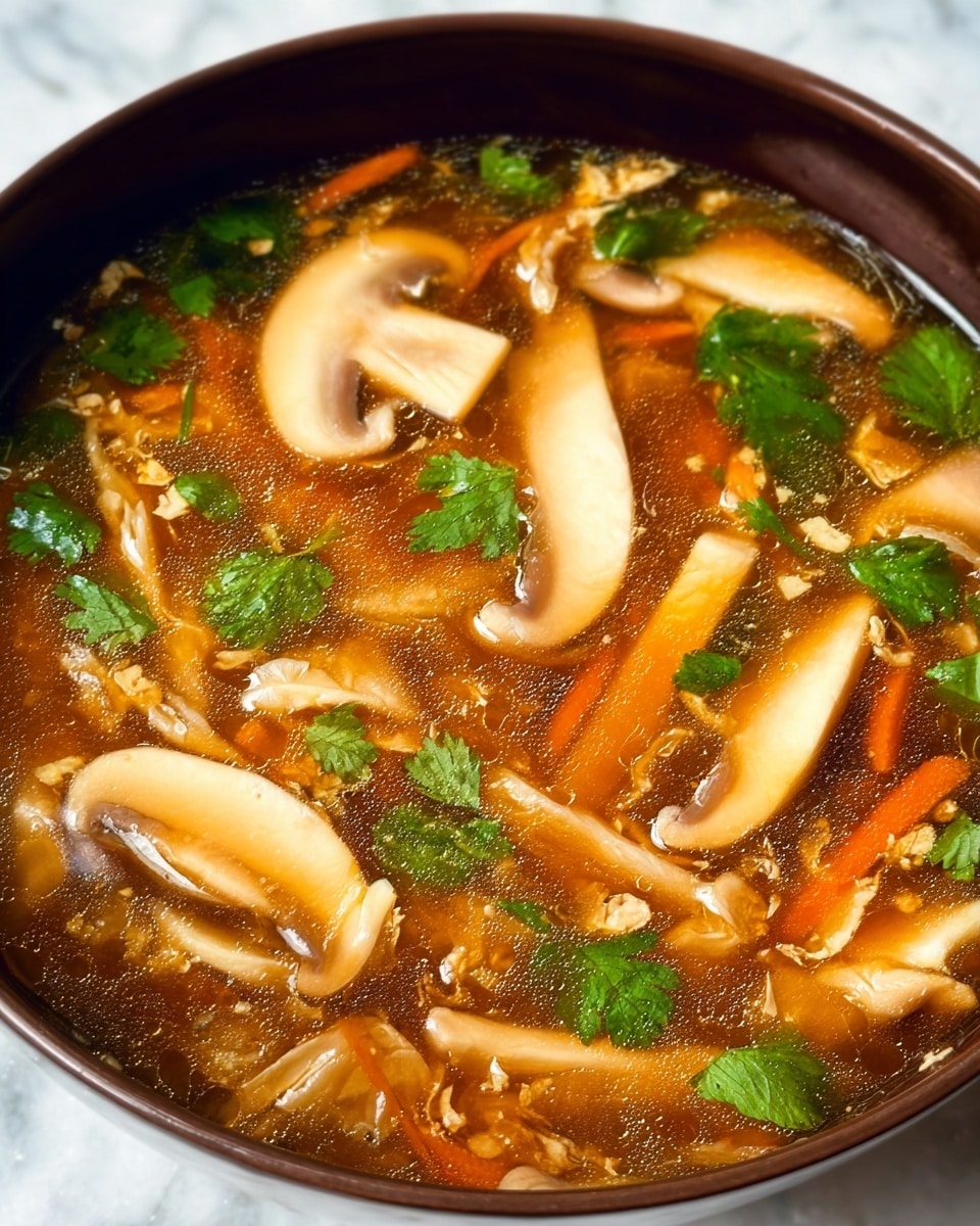 The image shows a close-up of a bowl of soup filled with several layers: large light brown mushroom slices with smooth, shiny surfaces sitting on top, scattered fresh green cilantro leaves, and thin orange carrot strips mixed evenly throughout. The soup broth is thick, dark amber in color, with visible wisps of egg threads weaving through it. There are also light brown rectangular pieces that look soft, and all of this is contained in a white bowl. The background surface is a white marbled texture. photo taken with an iphone --ar 4:5 --v 7