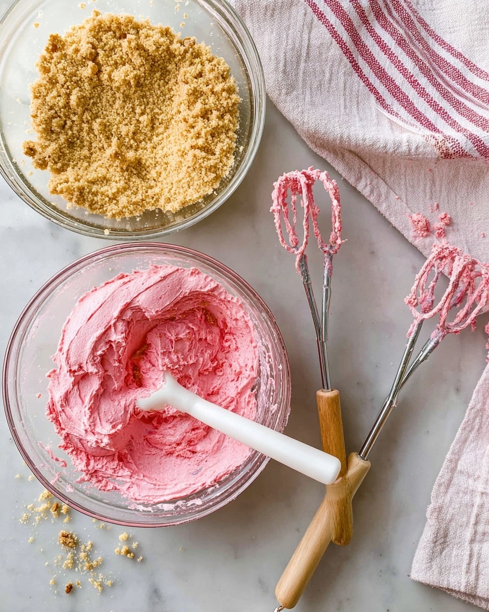 Two clear glass bowls sit on a white marbled surface: the top bowl holds a crumbly, light golden brown mixture with visible nut pieces, while the bottom bowl contains a bright pink, fluffy whipped cream being mixed by a white spatula with a wooden handle. To the right, two electric mixer beaters are covered in the same bright pink cream and lie side by side next to a white and red striped cloth. Small crumbs of the golden mixture are scattered around the bowls. photo taken with an iphone --ar 4:5 --v 7